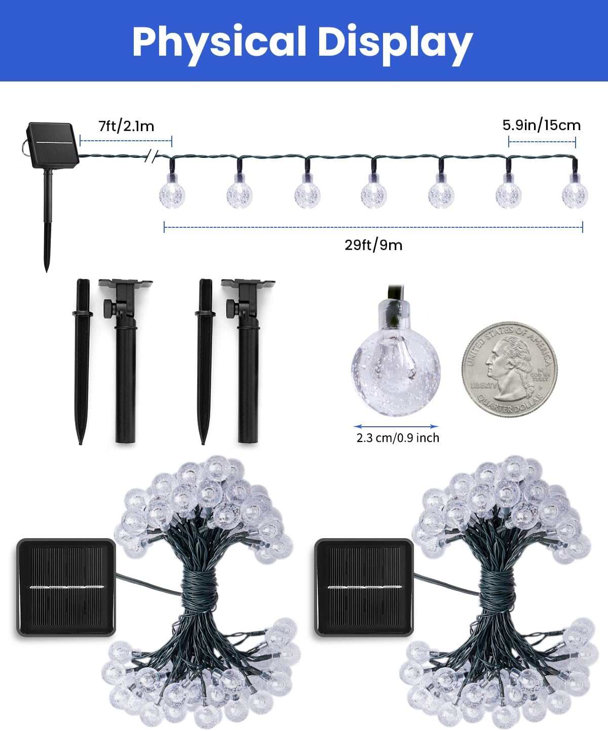 Brightown Solar String Lights Outdoor 60 Led 35.6 Feet Crystal Globe Lights with 8 Lighting Modes