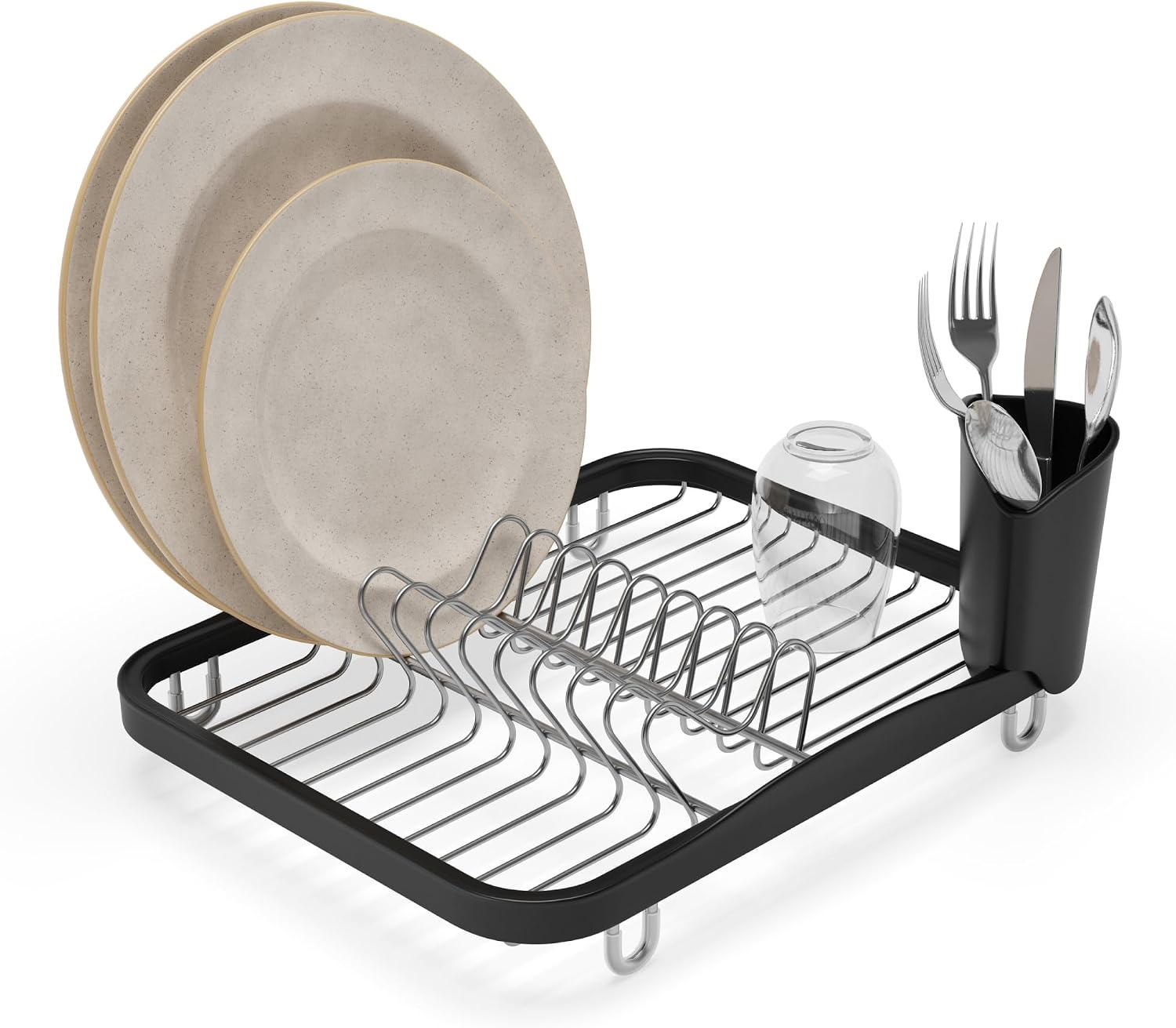 Umbra Sinkin Dish Drying Rack, in Sink or Countertop Drainer, Black/Nickel | Removable utensil holder, non slip rubber feet, fits standard sizes, coated wire and plastic