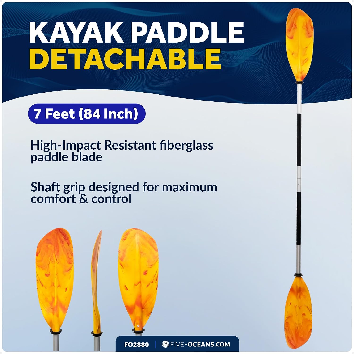 Five Oceans Kayak Paddles, 84" - 7ft Kayak Fishing Paddle, Detachable Heavy-Duty Aluminum Shaft, Reinforced Fiberglass Blades, 2-Piece Snap-Button