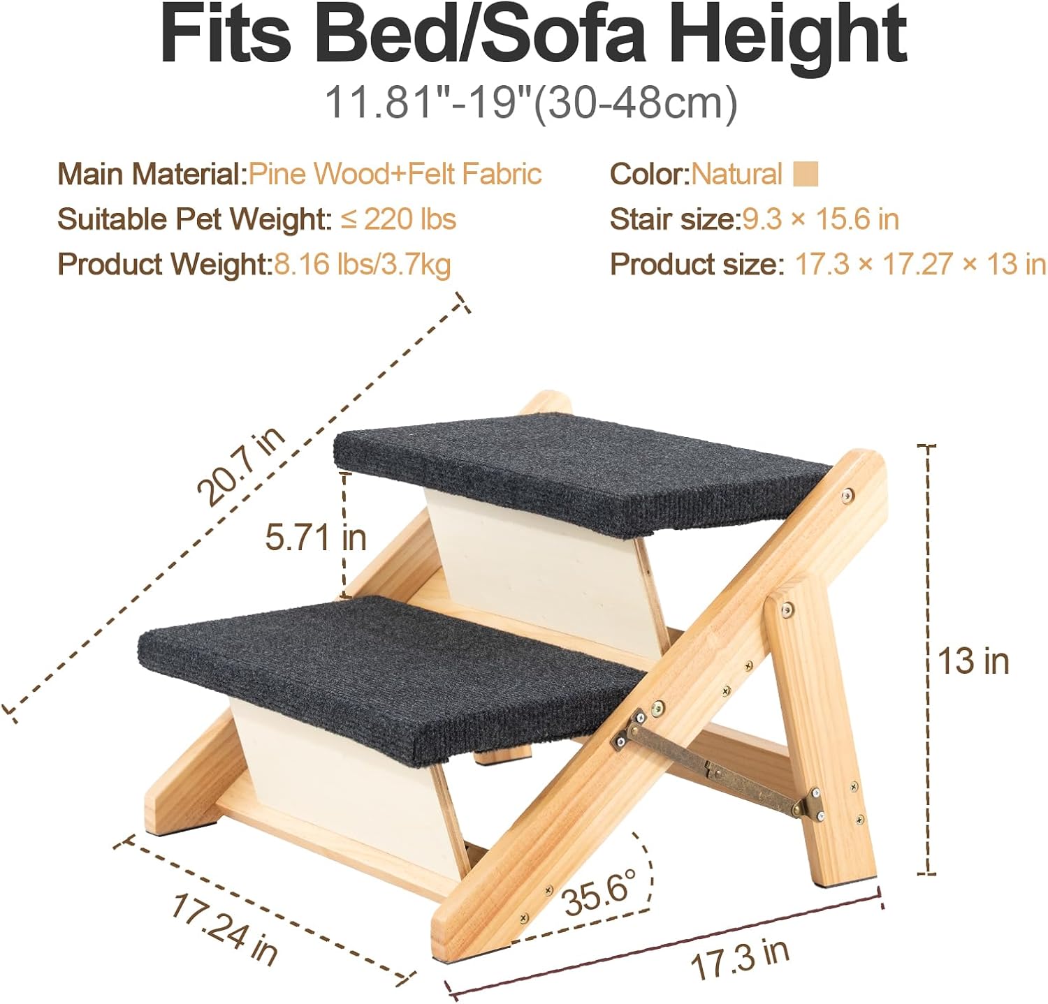 MEWANG Wood Pet Stairs & Ramp for Small/Medium Dogs & Cats, Aging Pets – 2-in-1 Foldable, Portable, Non-Slip Pet Ladder for Tall Beds, Couches