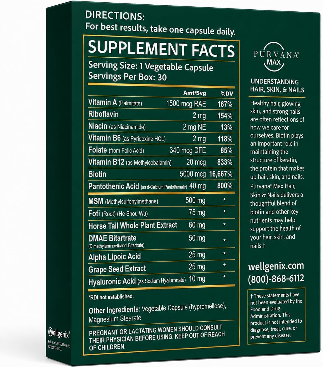 Wellgenix Purvana MAX Hair Skin and Nails Supplement – 5000mcg Biotin with MSM & B-Complex – Support for Thicker Hair, Stronger Nails & Glowing Skin – 30 Veggie Capsules | Biotin, MSM & hyaluronic acid in vegetable capsules for thicker, fuller hair, stro…