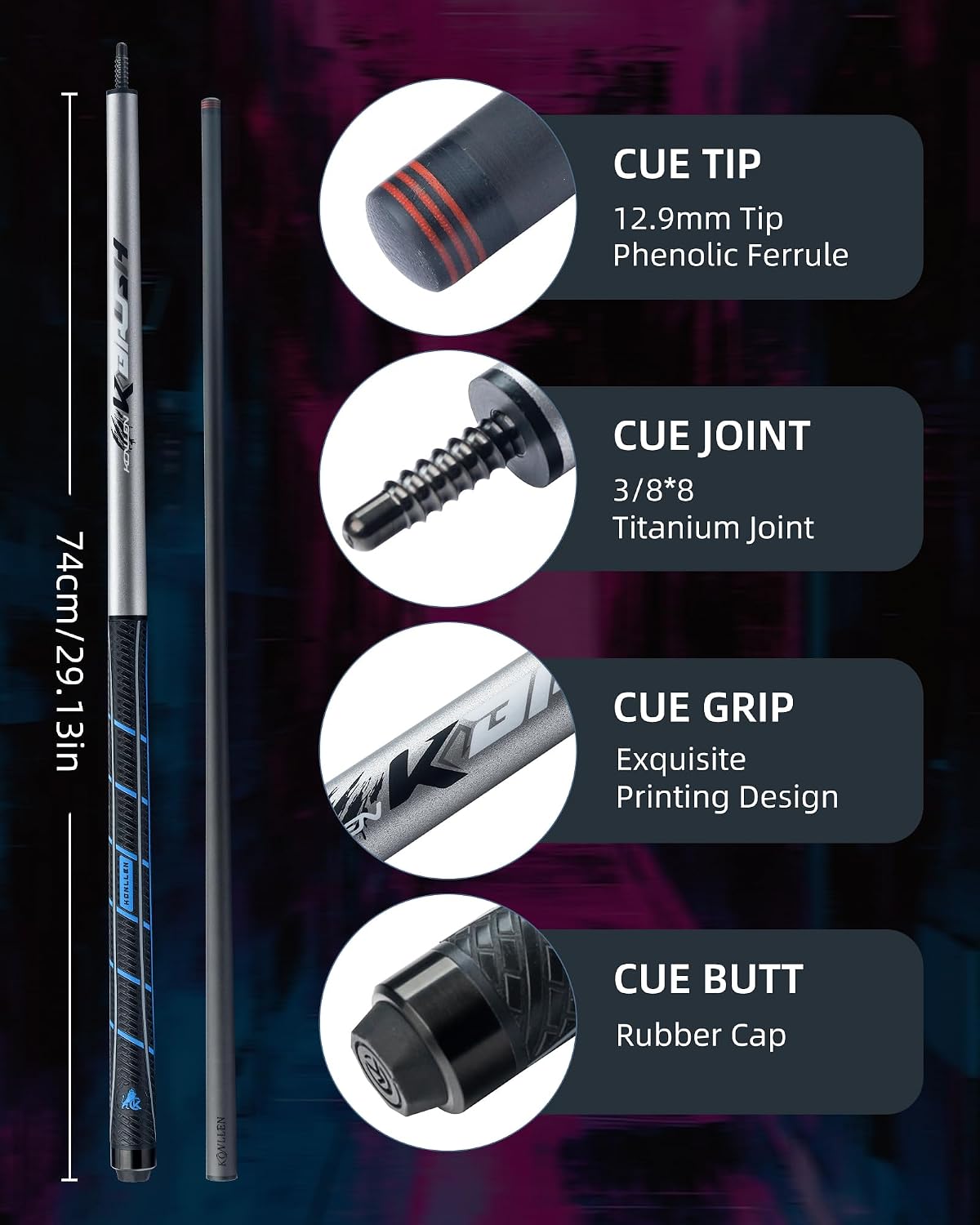 KONLLEN Carbon Fiber Break Cue, 58-Inch Pool Stick, 13mm Tip | Carbon shaft, 2-piece design, firm tip setup, built for dedicated break shots