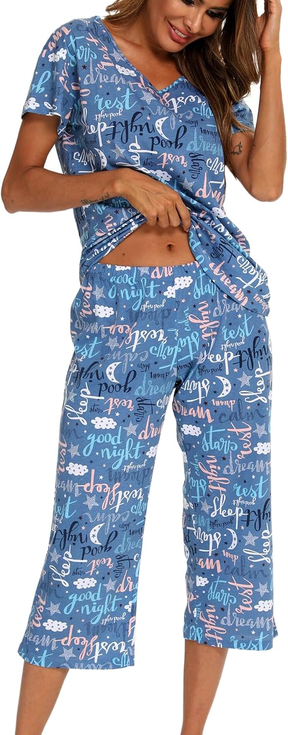 ENJOYNIGHT Womens Pajama Set Cotton Summer Pj Top with Capri Pant Sleepwear