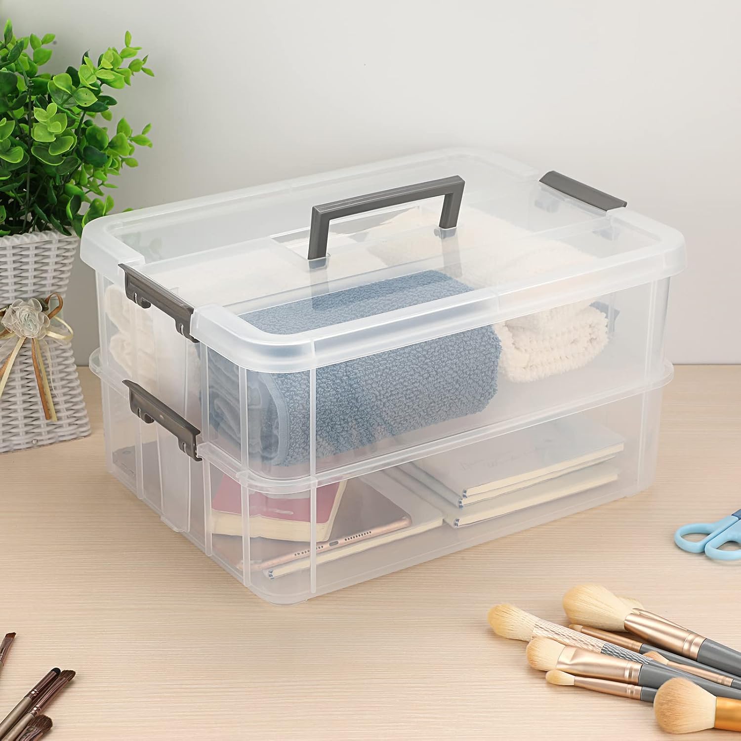 JUXYES 2-Tiers Plastic Stack Carry Storage Containers Box wih Handle Lids
