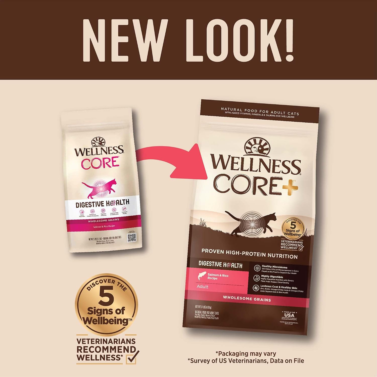 Wellness CORE+ Adult Dry Cat Food, Natural, Wholesome Grains Kibble, Digestive Health Chicken and Rice Recipe, 5 lb Bag