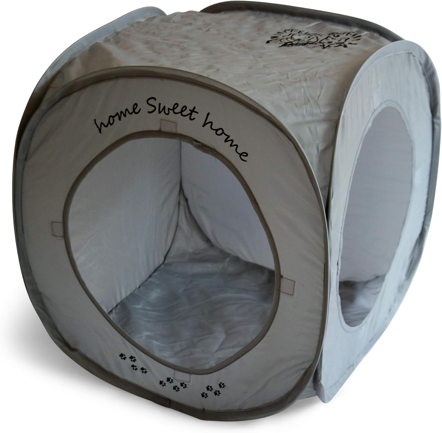 Home Sweet Home Pop Up Cat Cube. A Collapsible Indoor Cat House. Covered Pet Bed Hideaway Cave for Dogs and Other Pets Too. (Pop Up Cube- Gray)