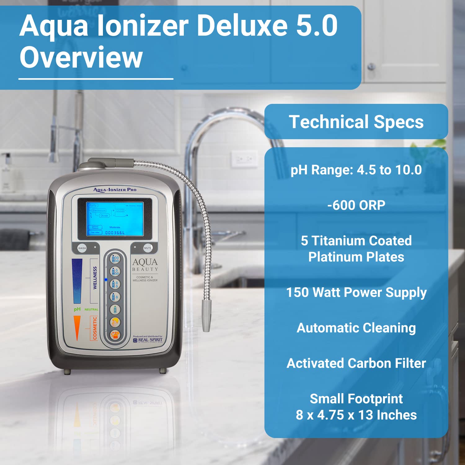 Aqua Ionizer Deluxe 5.0 | Water Ionizer | 7 Water Settings | Home Alkaline Water Filtration System | Produces pH 4.5-10.5 Alkaline Water | Up to