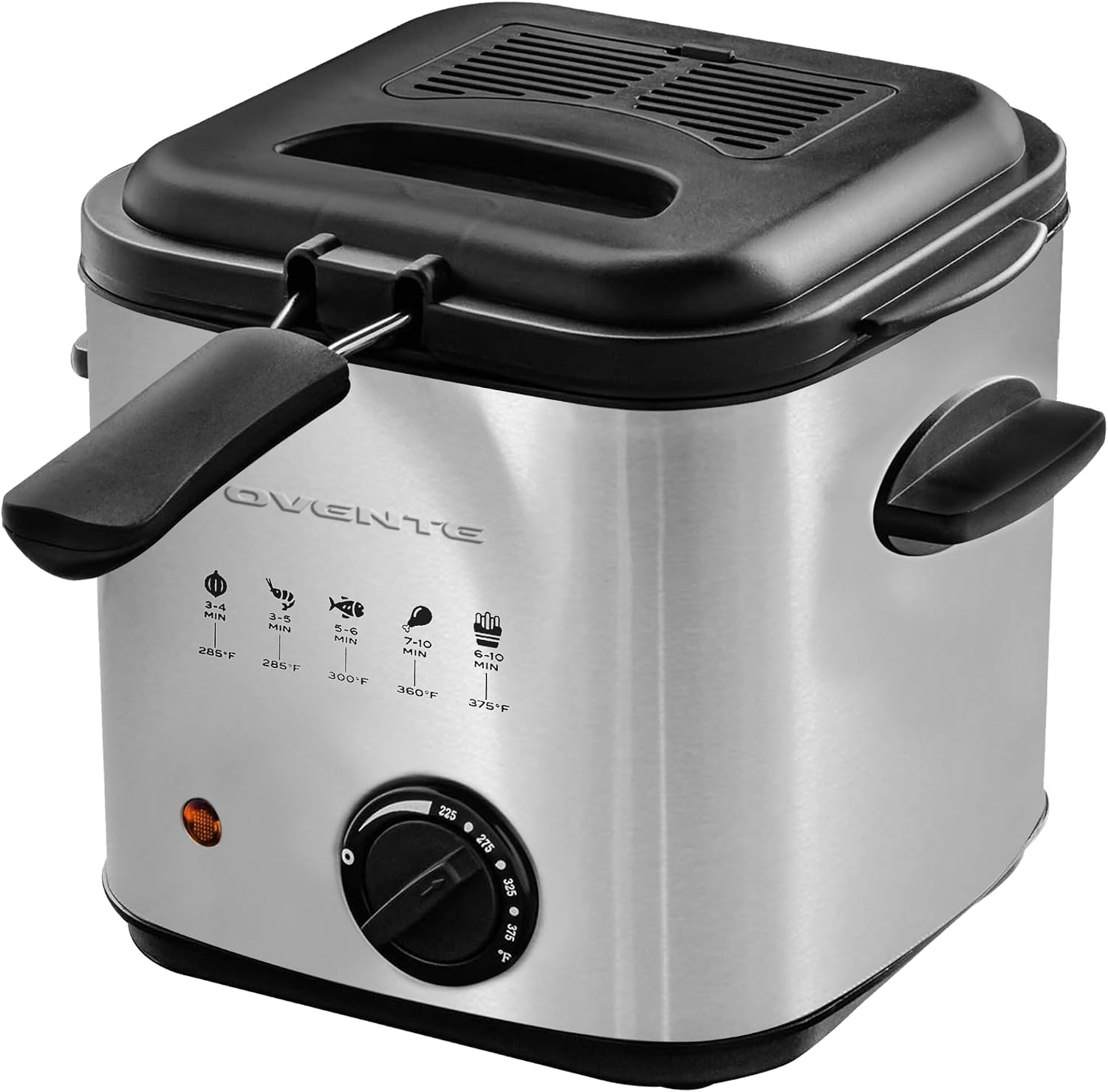 OVENTE Electric Deep Fryer, 0.9L Capacity, 840W, Silver FDM1091BR | Adjustable Temperature Knob, Locking Lid, Removable Frying Basket and Cool Touch Handle, Easy to Clean Stainless Steel Body