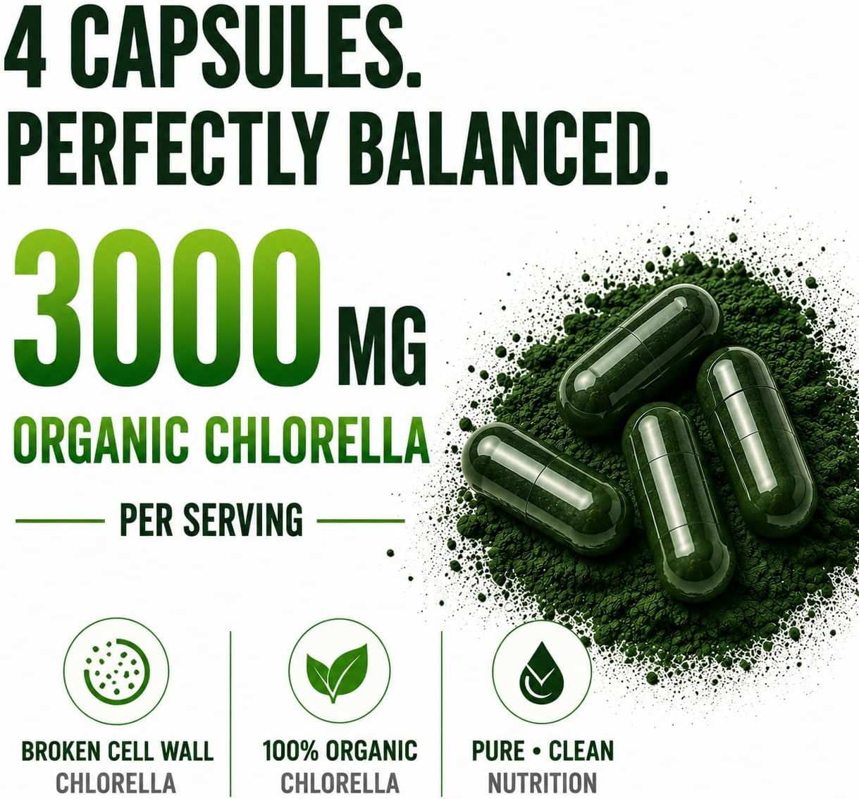 Chlorella Capsules 3000 mg - Cracked Cell Wall Blue Green Algae Supplement - Best Natural Detox Cleanse - Plant Vitamins Minerals Chlorophyll Vegan