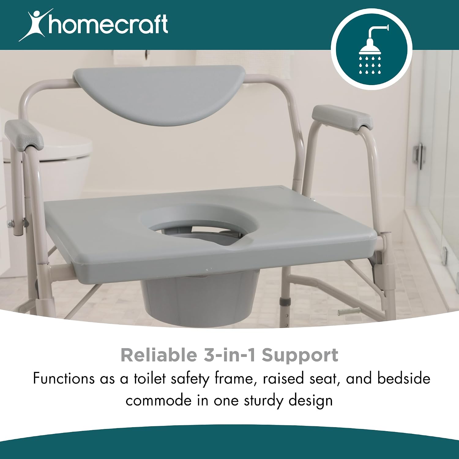 Homecraft Deluxe Bariatric Drop Arm Commode, 1000 lb Weight Capacity, Extra Wide Seat with Adjustable Height, Bedside or Over Toilet Use