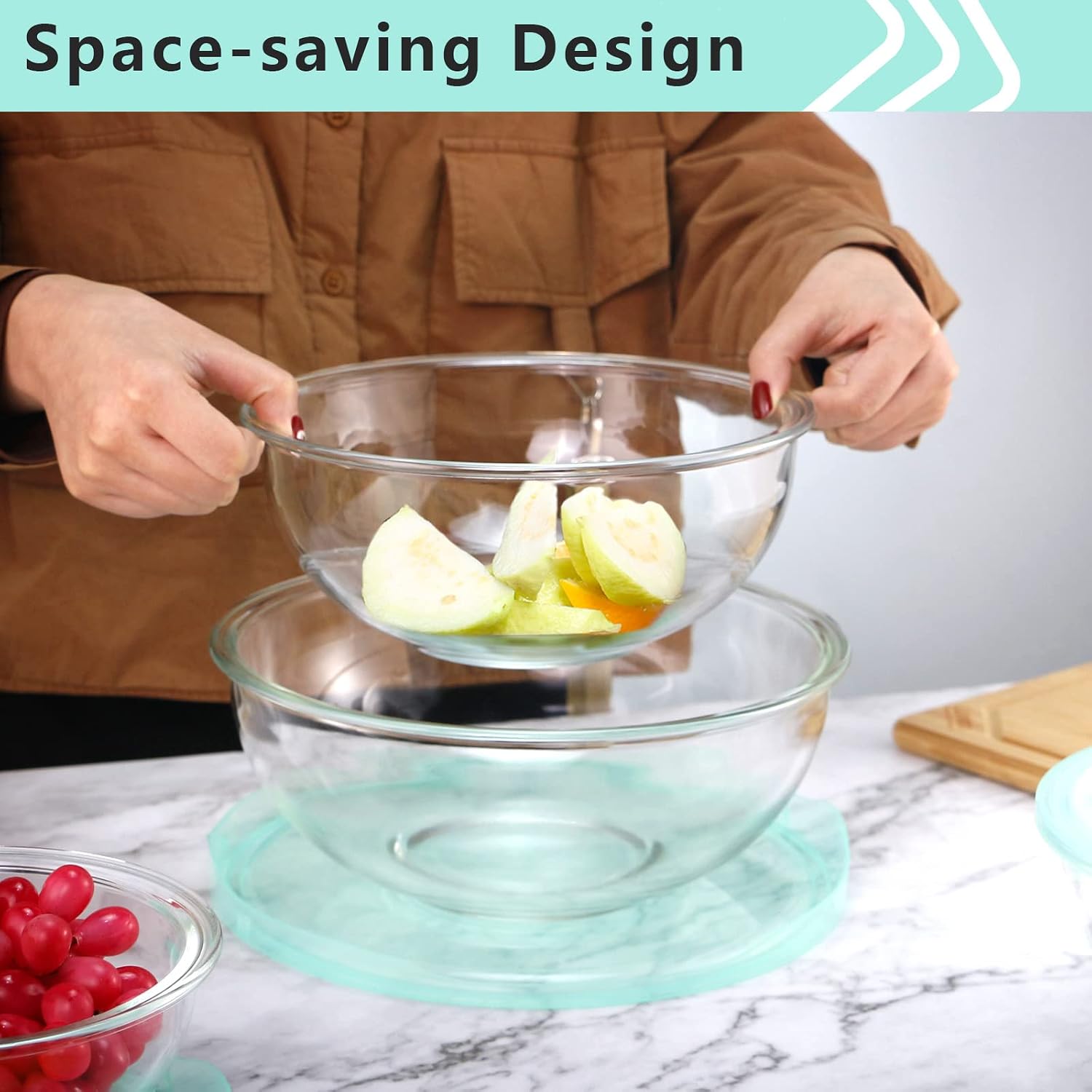 Luvan Glass Mixing Bowls with Lids Set(4.5QT, 2.7QT, 1.1QT)-Large Glass Mixing Bowls, Clear Salad Bowl for Baking, Cooking, Serving, Food Prep, 3PC Nesting Bowls for Kitchen Storage & Dishwasher Safe