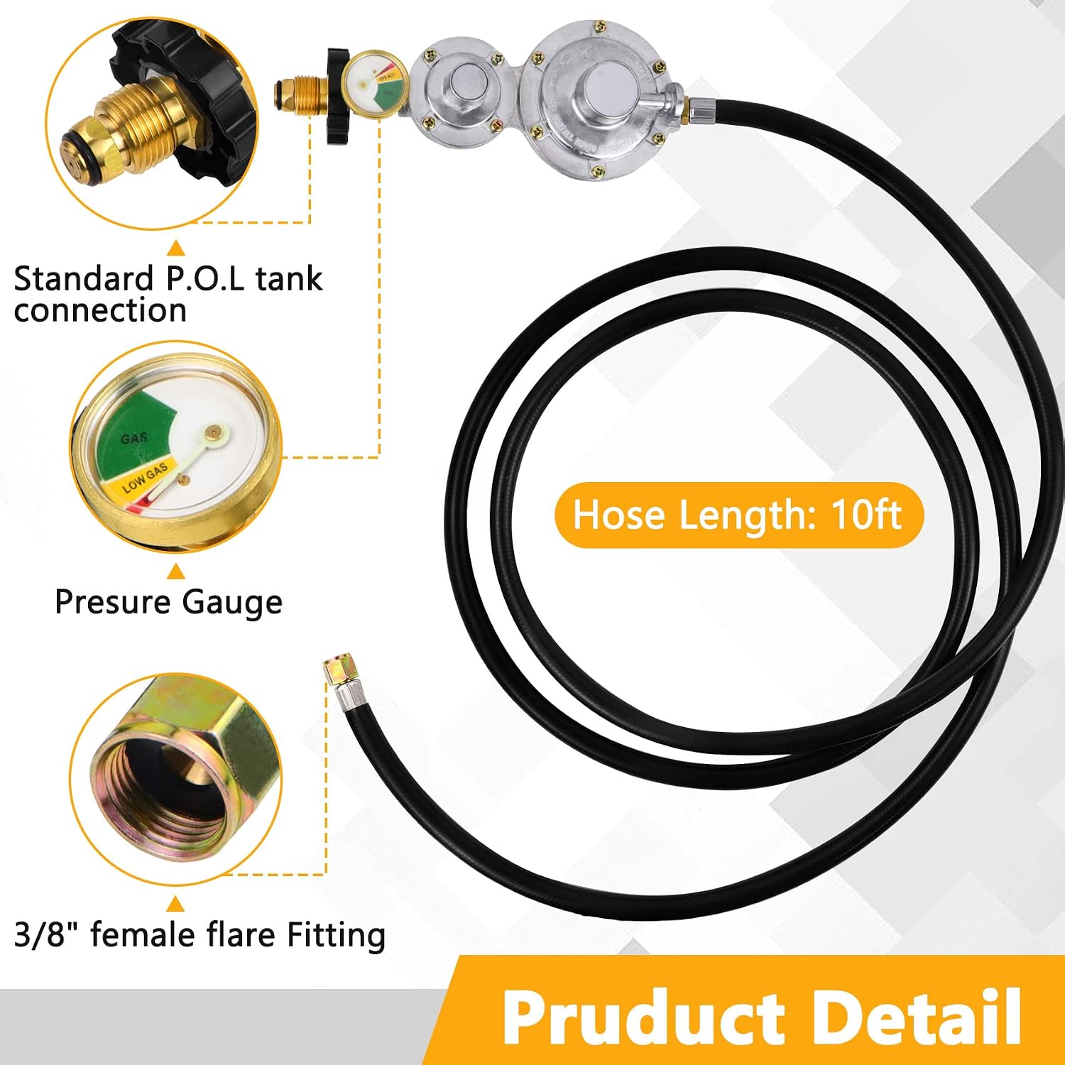 Azdele Two Stage Propane Regulator with 10 ft Hose and Gauge, CSA Certified