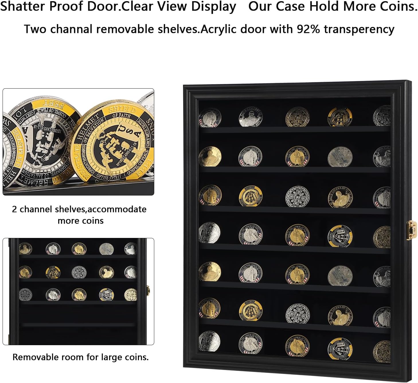 Jinchuan Military Challenge Coin Display Case Lockable Cabinet Rack Holder Shadow Box with Removable 2 Grooves Shelves and Anti Dust Door for Casino