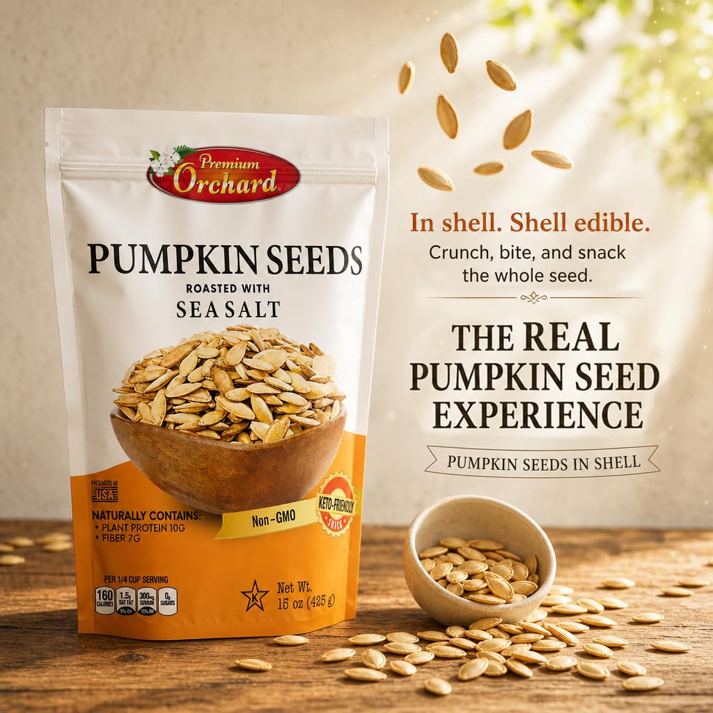 ROASTED PUMPKIN SEEDS to Eat in Shell by Premium Orchards MIXED NUTS - Salted with Sea Salt - Non-GMO Vegan Fresh Healthy Snacks/ - Great source of Plant Protein, Zinc, Magnesium & Iron - 1 Bag