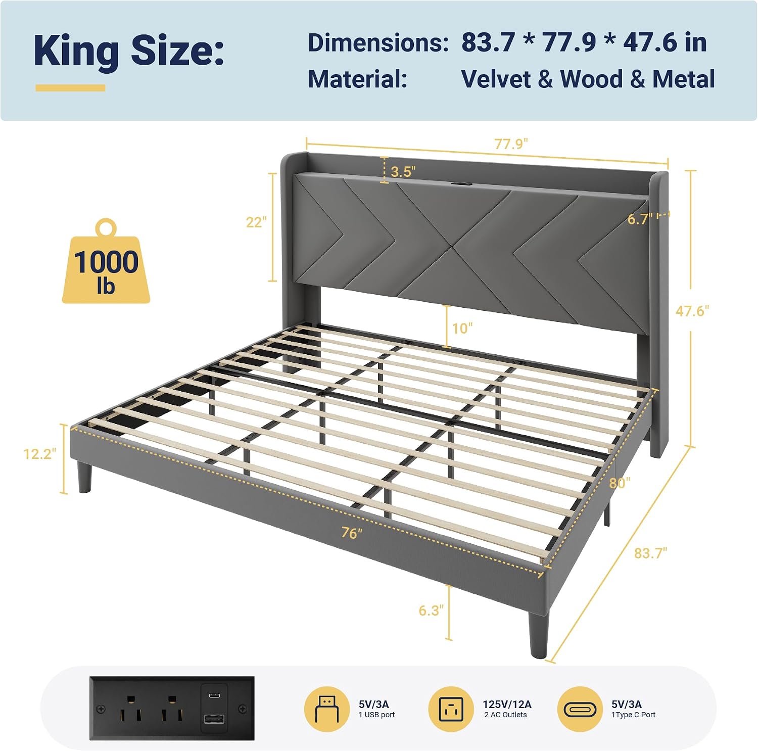 Allewie Full Size Platform Bed Frame with Charging Station and Storage Shelf/Upholstered Velvet Wingback Headboard/Wooden Slats Support/No Box Spring Needed/Easy Assembly, White