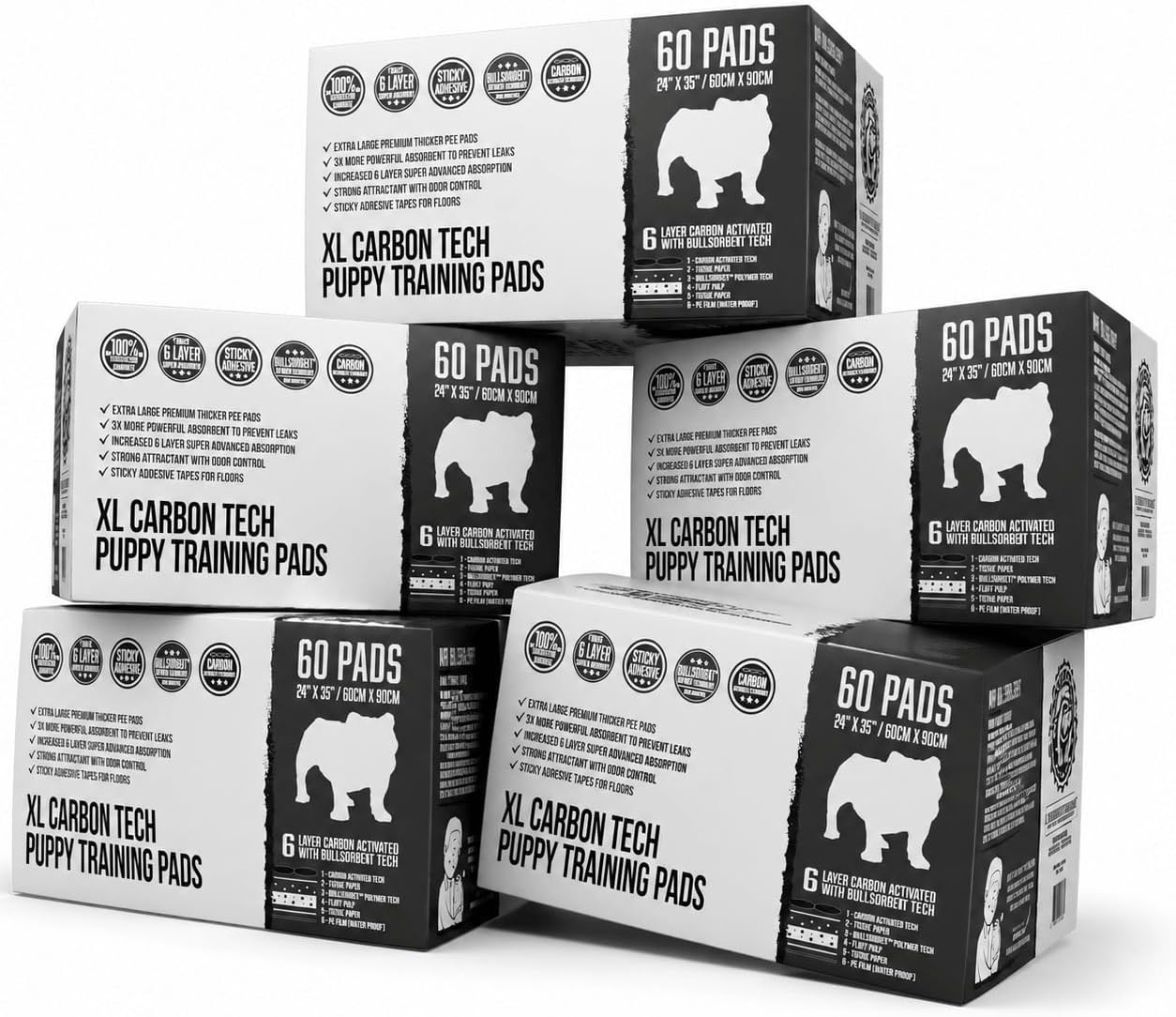 Bulldoglogy 50-Count Carbon Black Dog Pads Puppy Training Pads with Adhesive Tape 24x24 - Large Charcoal Puppy Pads Dog Training Wee Pads, Odor Control Thick Pee Pads for Dogs Extra Quick Dry