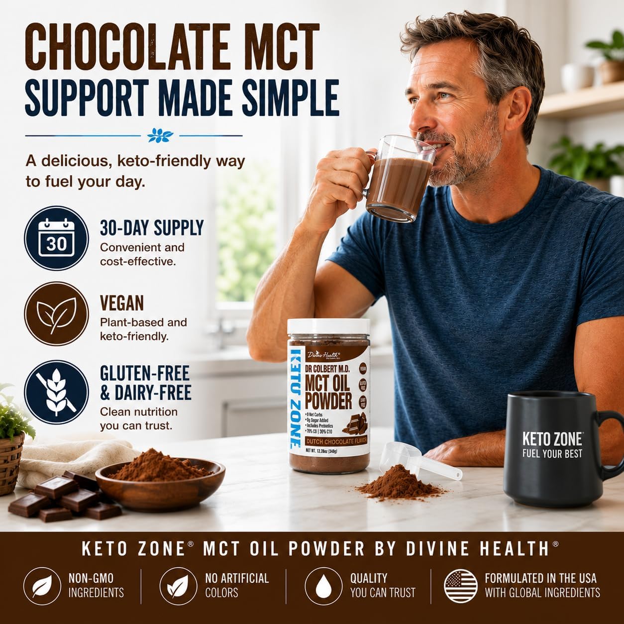 Dr. Colbert's MCT Oil Powder | Dutch Chocolate Flavor | by Divine Health | Keto Zone | 70% C8 | 30% C10 | 0 Net Carbs | Gluten Free | 30 Day Supply