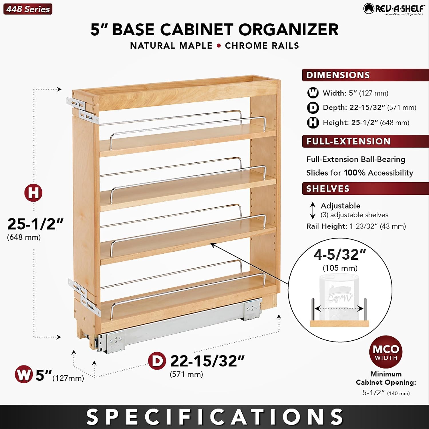 Rev-A-Shelf Pullout Kitchen Cabinet Organizer, Min Cabinet Opening 8.5" W | 8" W Slide Out Pantry Spice or Utensil Storage Rack with Adjustable Shelves for Base Cabinet Organization, 448-BC-8C