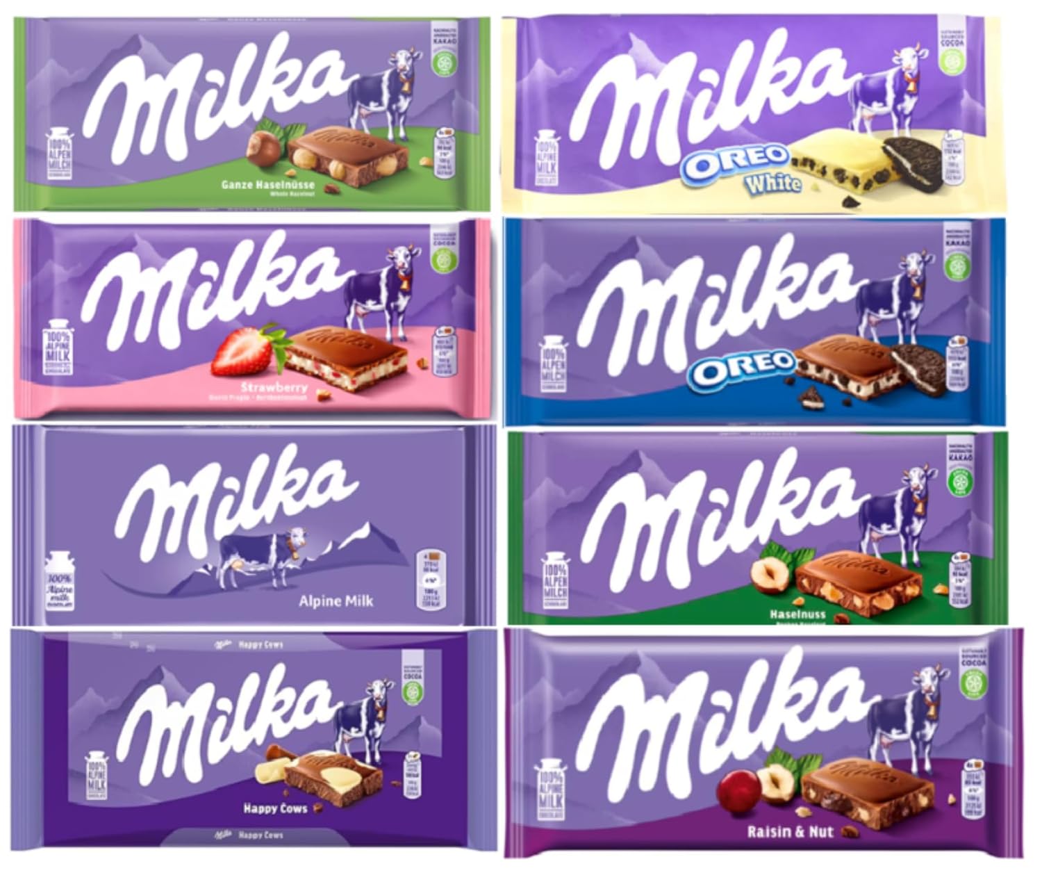 Milka European Chocolate Bars Variety Pack of 8 Full Size Bars, No Duplicate Chocolate