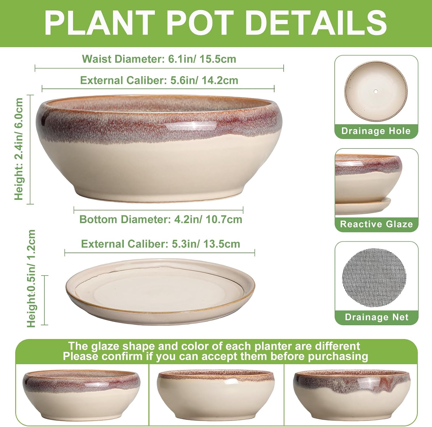 SQOWL 7 Inch Round Ceramic Succulent Planter Pot Drip Glazed Shallow Planter with Drainage Bamboo Tray for Indoor Plants