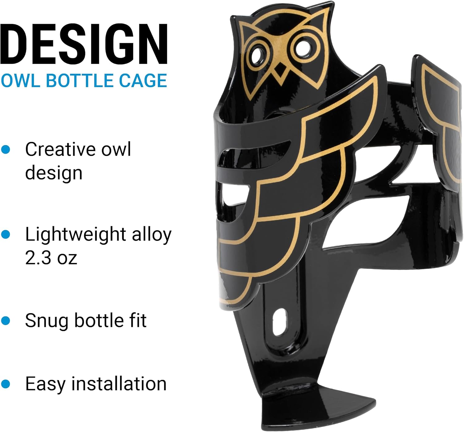 Portland Design Works Water Bottle Cage - Lightweight Water Bottle Holder for Bikes, Owl Cage, Black/Gold