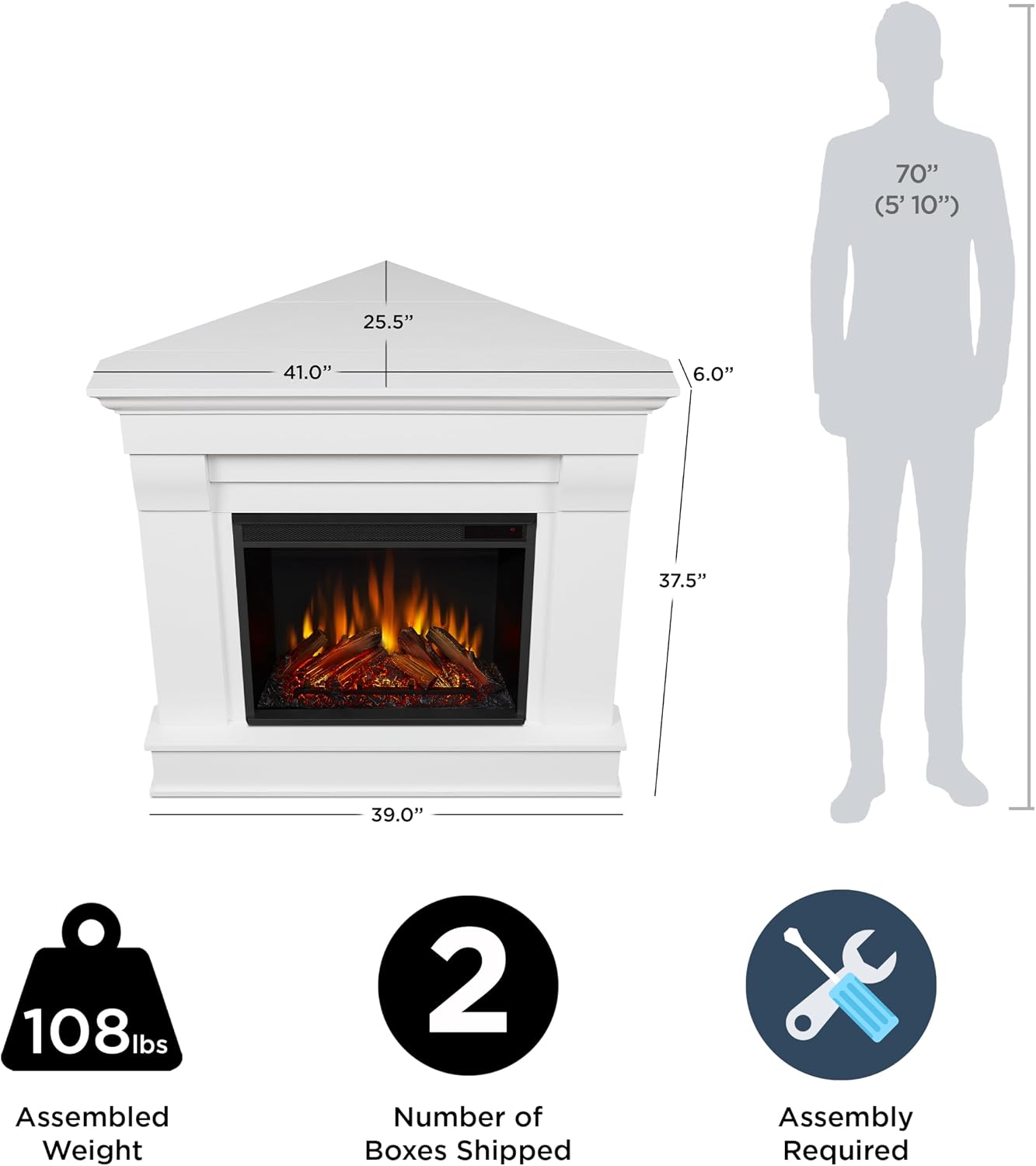 Real Flame Chateau 41" Corner Electric Fireplace with Mantel for Living Room or Bedroom, Replaceable Fireplace Insert Heater, Realistic Log and Flame Effect, Remote Control, Timer.