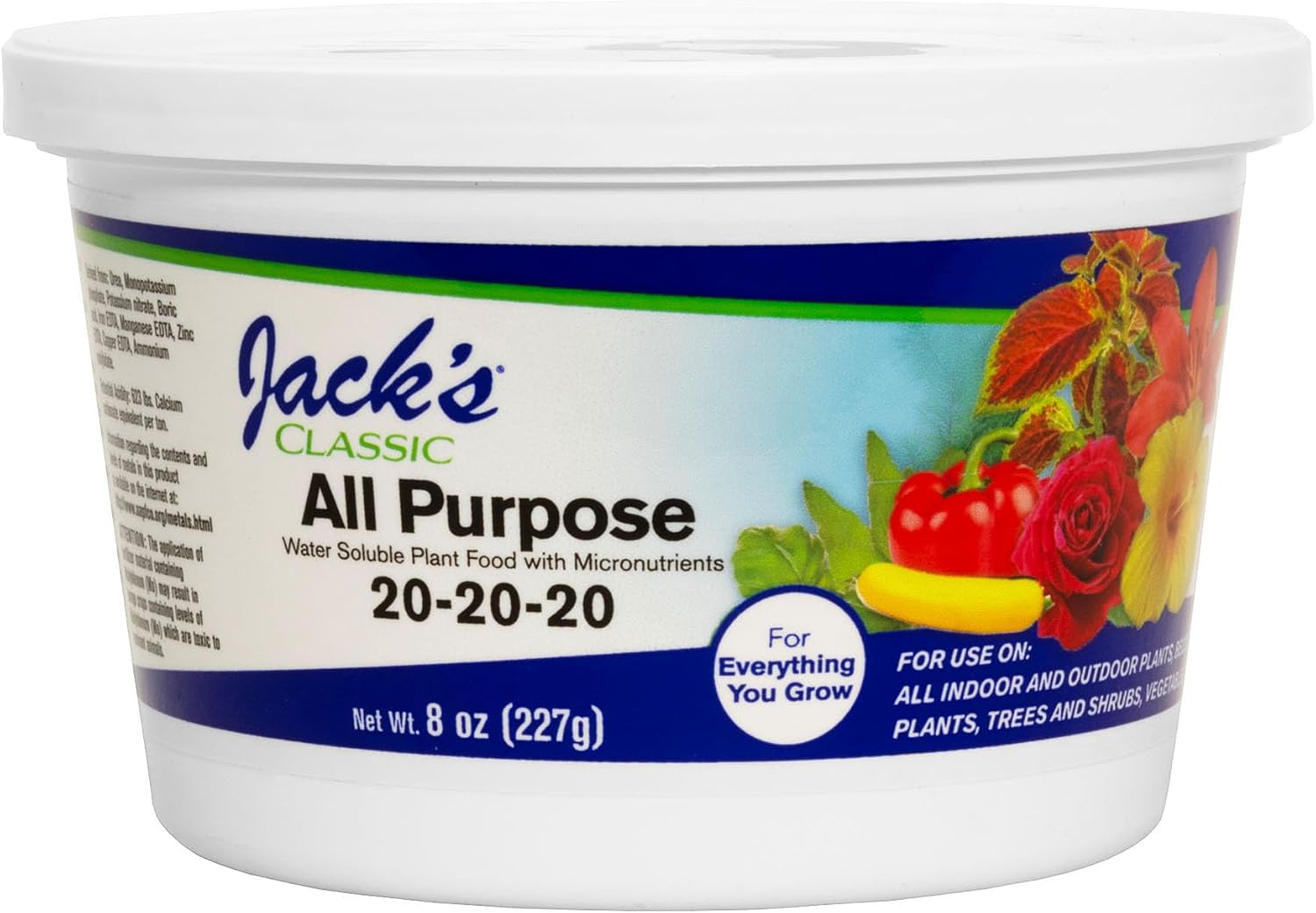 Jack's Classic 20-20-20 All Purpose Water-Soluble Fertilizer, 8oz | Powdered, Targeted Micronutrient Package, Promotes Growth, Green-Up, and Leaf Expansion on All Indoor and Outdoor Plants