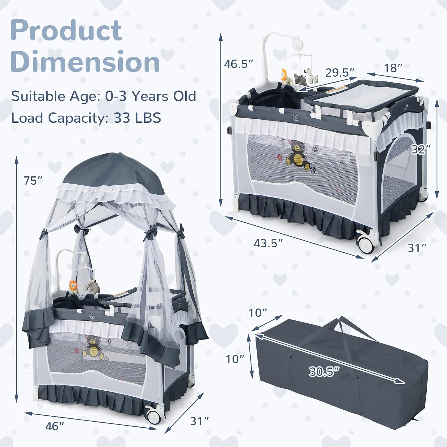 HONEY JOY 4-in-1 Pack and Play with Canopy, Portable Baby Playard w/Changing Table and Infant Bassinet Cute Toys & Music