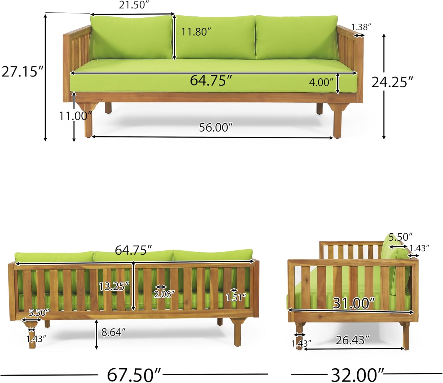 Christopher Knight Home Tina Outdoor 3 Seater Acacia Wood Daybed, Teak Finish, Light Grey