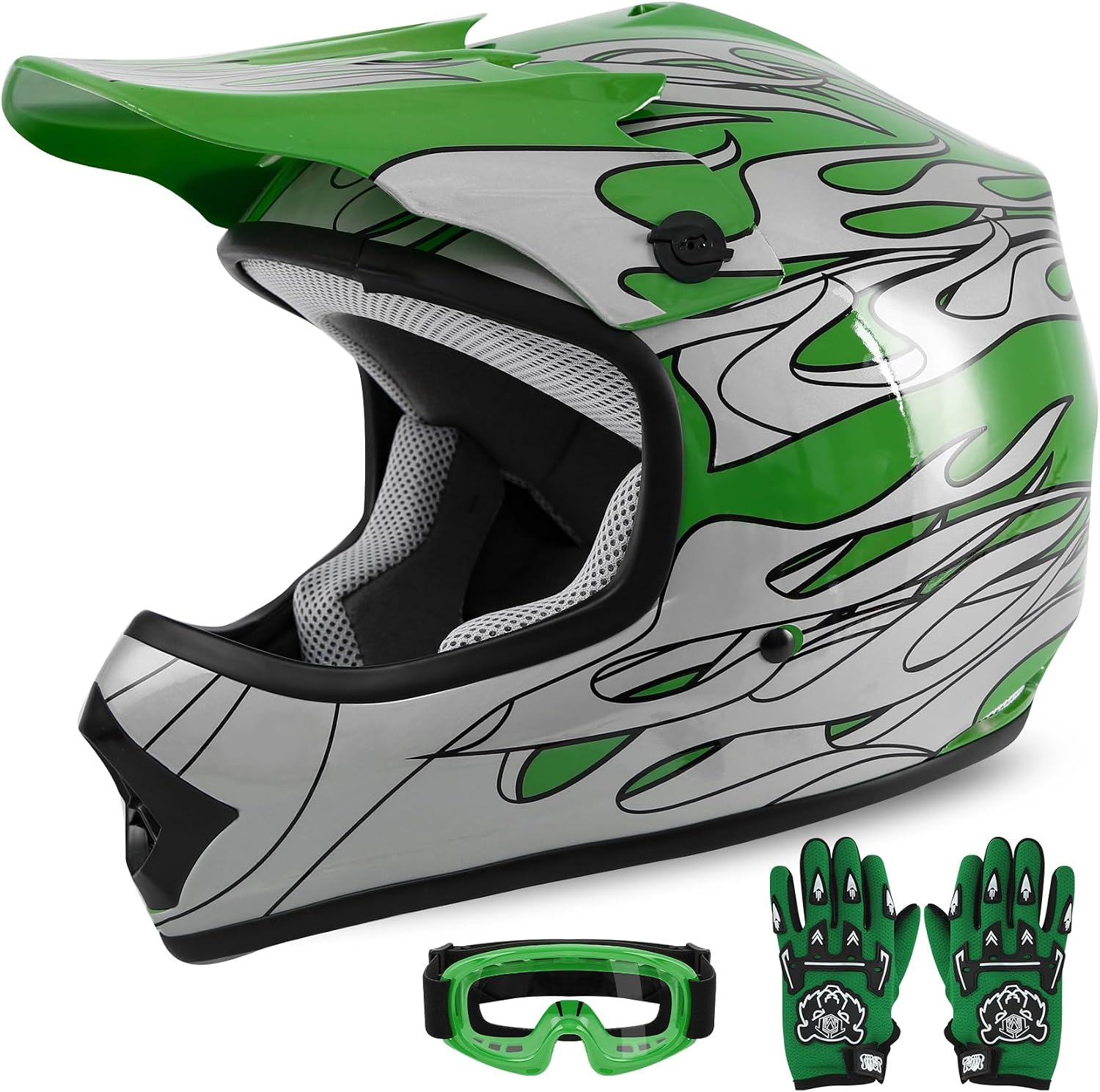 Kids Dirt Bike Helmet Youth Motorcycle Helmet DOT-Certified Full Face Helmets for Motocross ATV Off-Road Street Bike with Goggles & Gloves, Blue Flame Medium | Motorcycle Riding Gear included Goggles & Gloves, Ultra-Lightweight, For ATV UTV Off-Road, Blu…