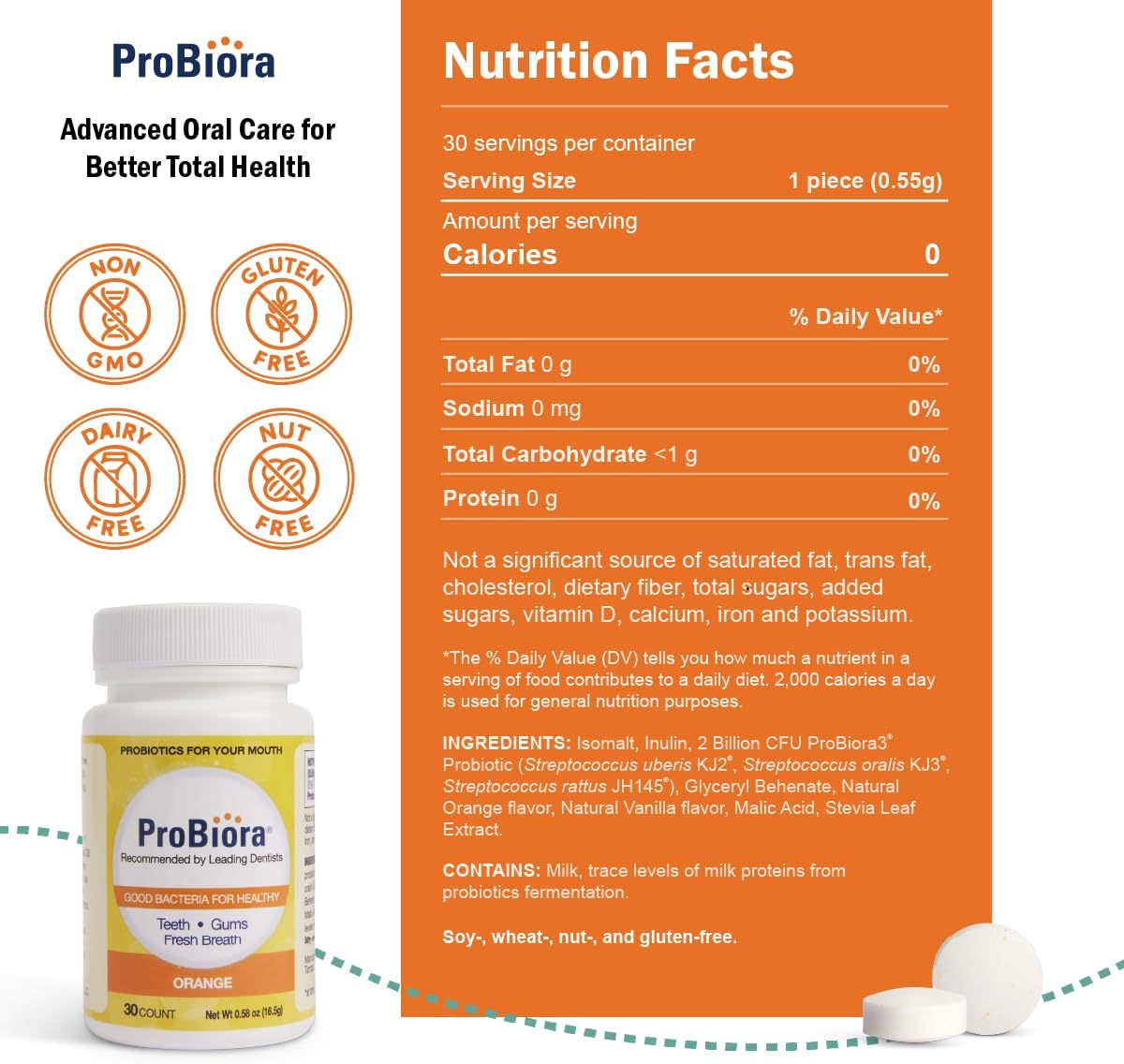 ProBiora Oral Probiotics for Teeth and Gums | Dental Probiotics for Improved Oral Health | Bad Breath Treatment for Adults | ProBiora3 Patented Probiotic Blend | Tooth Whitening | 30 Mint Tablets