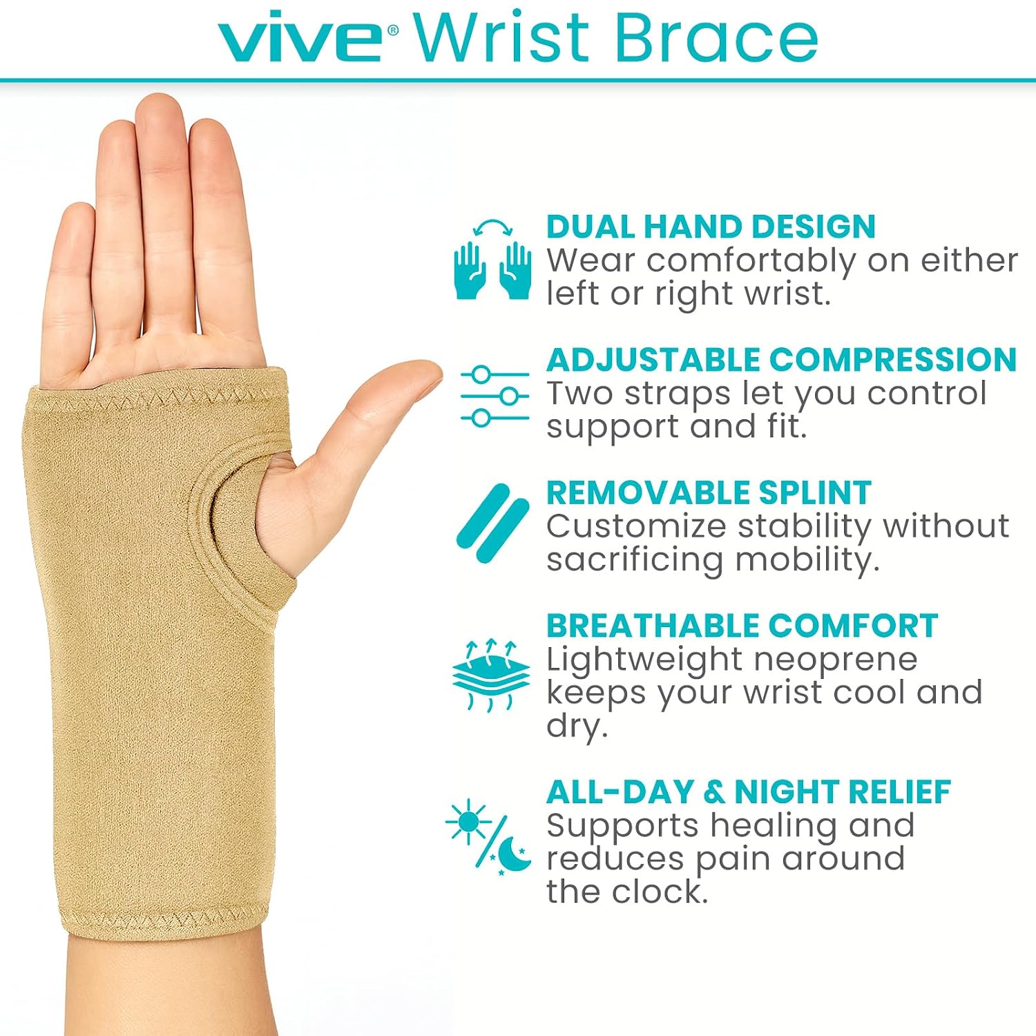 Vive Wrist Brace - Carpal Tunnel Hand Compression Support Wrap for Men | Women, Tendinitis, Bowling, Sports Injuries Pain Relief - Removable Splint - Universal Ergonomic Fit (Black, Right)
