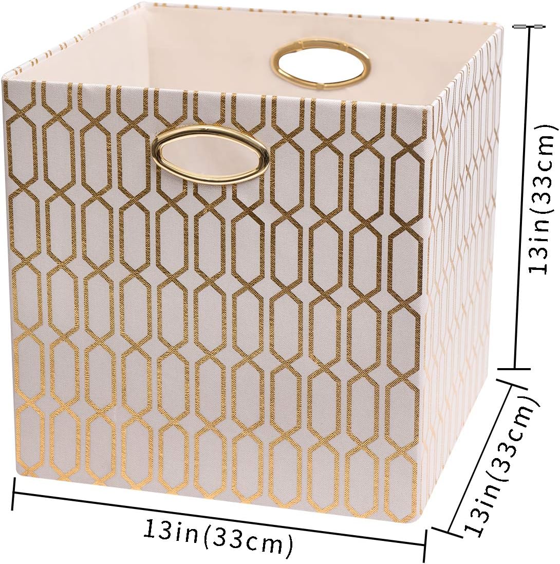 Posprica Storage Bins, Storage Cubes,13×13 Fabric Drawers Organizer Basket Boxes Containers (13×13×13/4pcs, Cream/gold geometry Pattern)