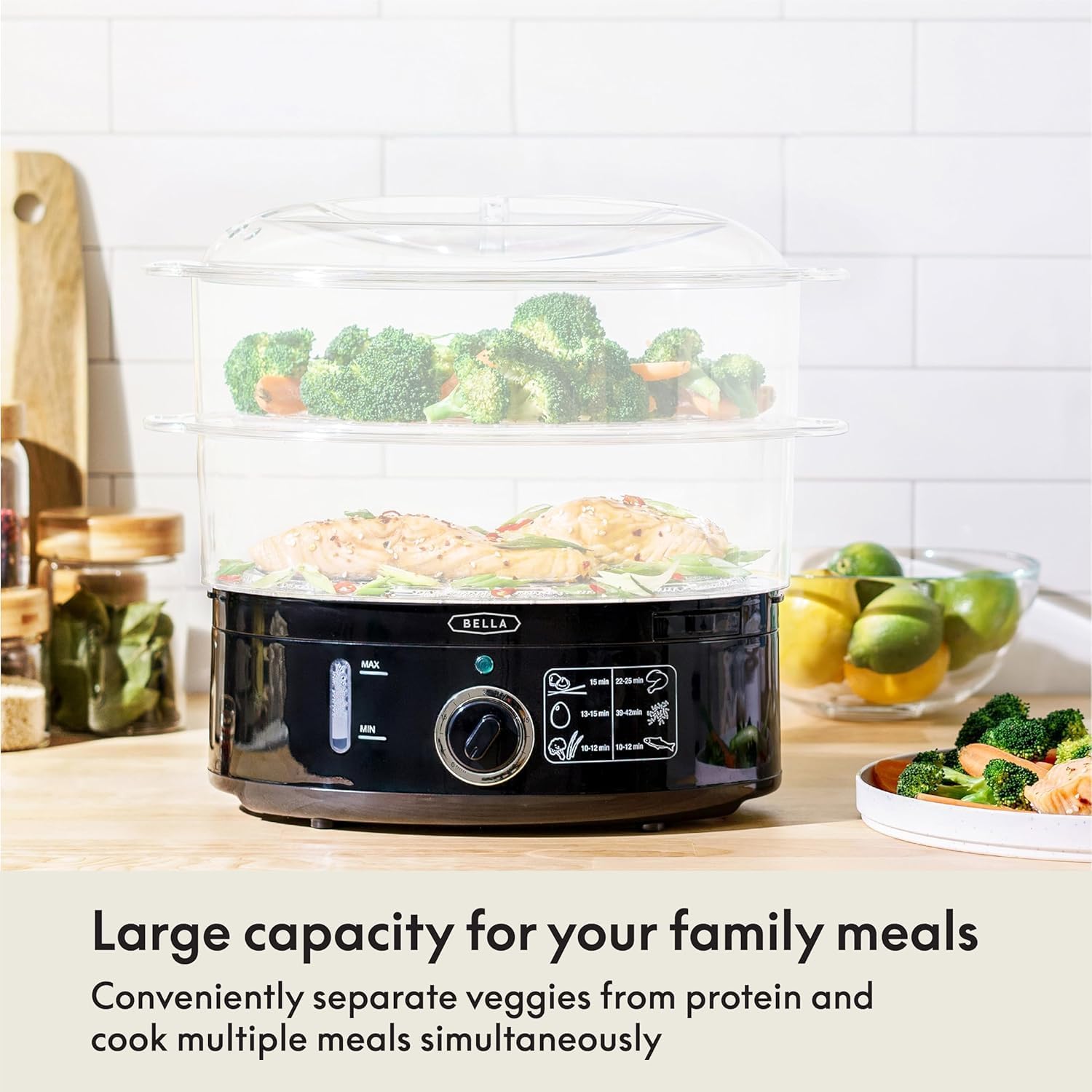 BELLA Two Tier Food Steamer with Stackable Baskets & Removable Base for Fast Simultaneous Cooking - Auto Shutoff & Boil Dry Protection, 7.4 QT, Black