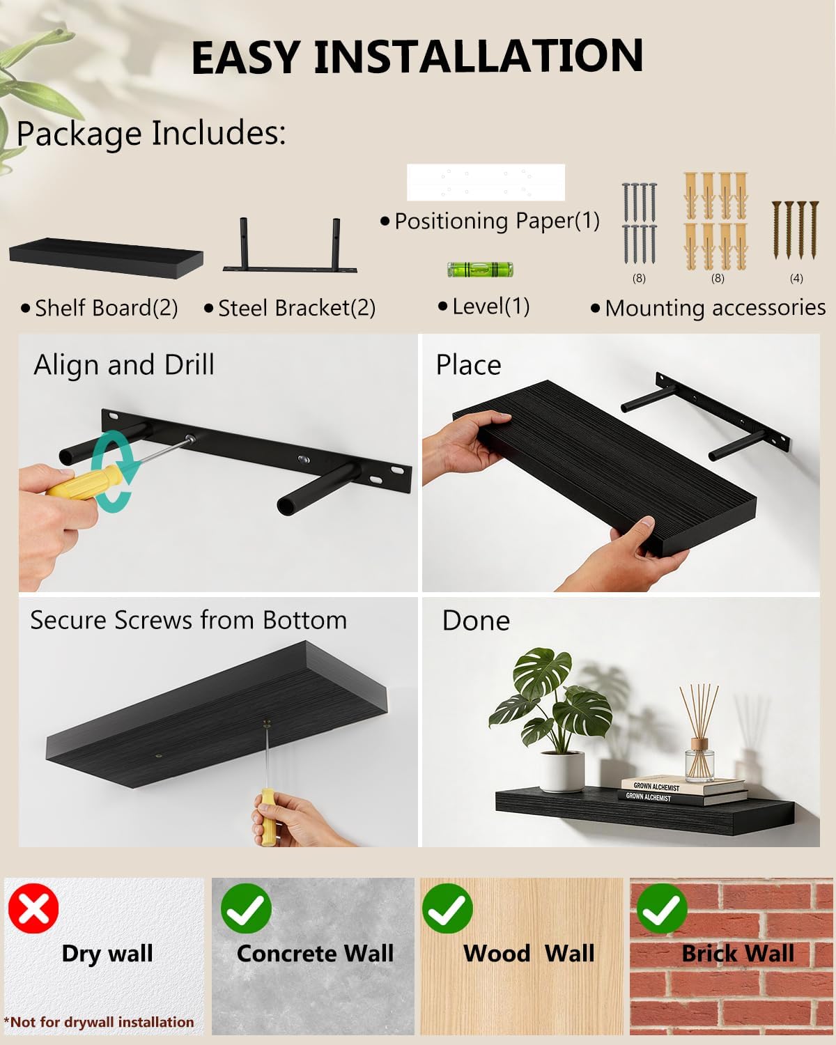 WALI Floating TV Shelf, 2 Tier Glass Projector Shelf for DVD Players, Routers, Game Consoles, Cable Boxes, Living Room Decor, Wall Mount Shelves Hold Up to 17.6lbs (CS202B), 2-Shelf, Black