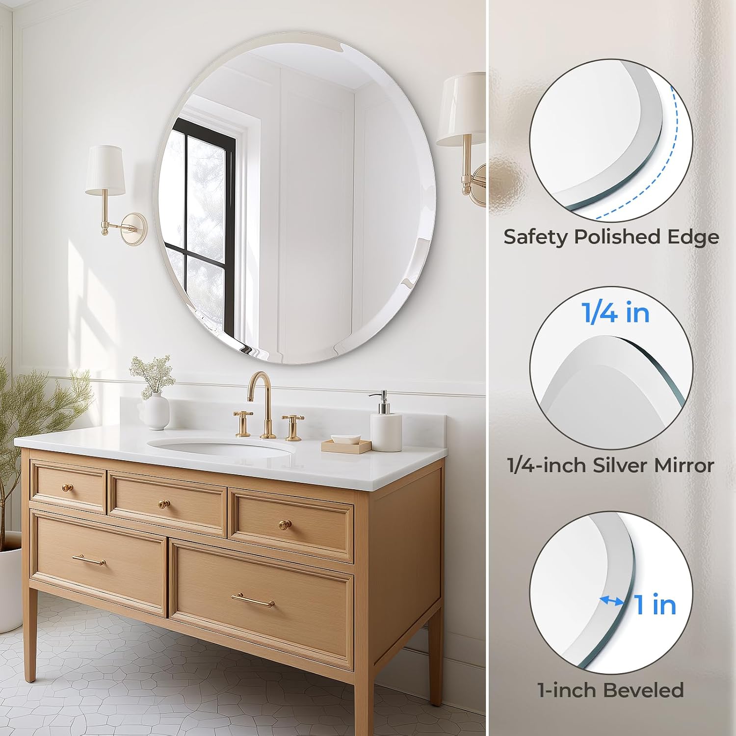 USHOWER Frameless Round Bathroom Mirror 24"