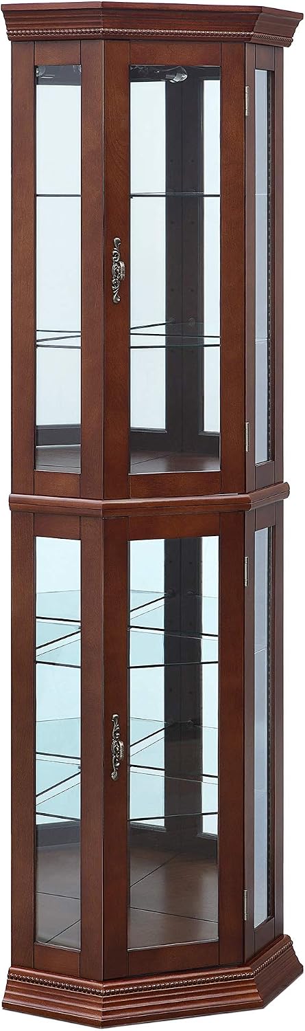 BELLEZE Lighted Wooden Corner Display Curio Cabinet, Two Section Shelving Unit with Tempered Glass Door