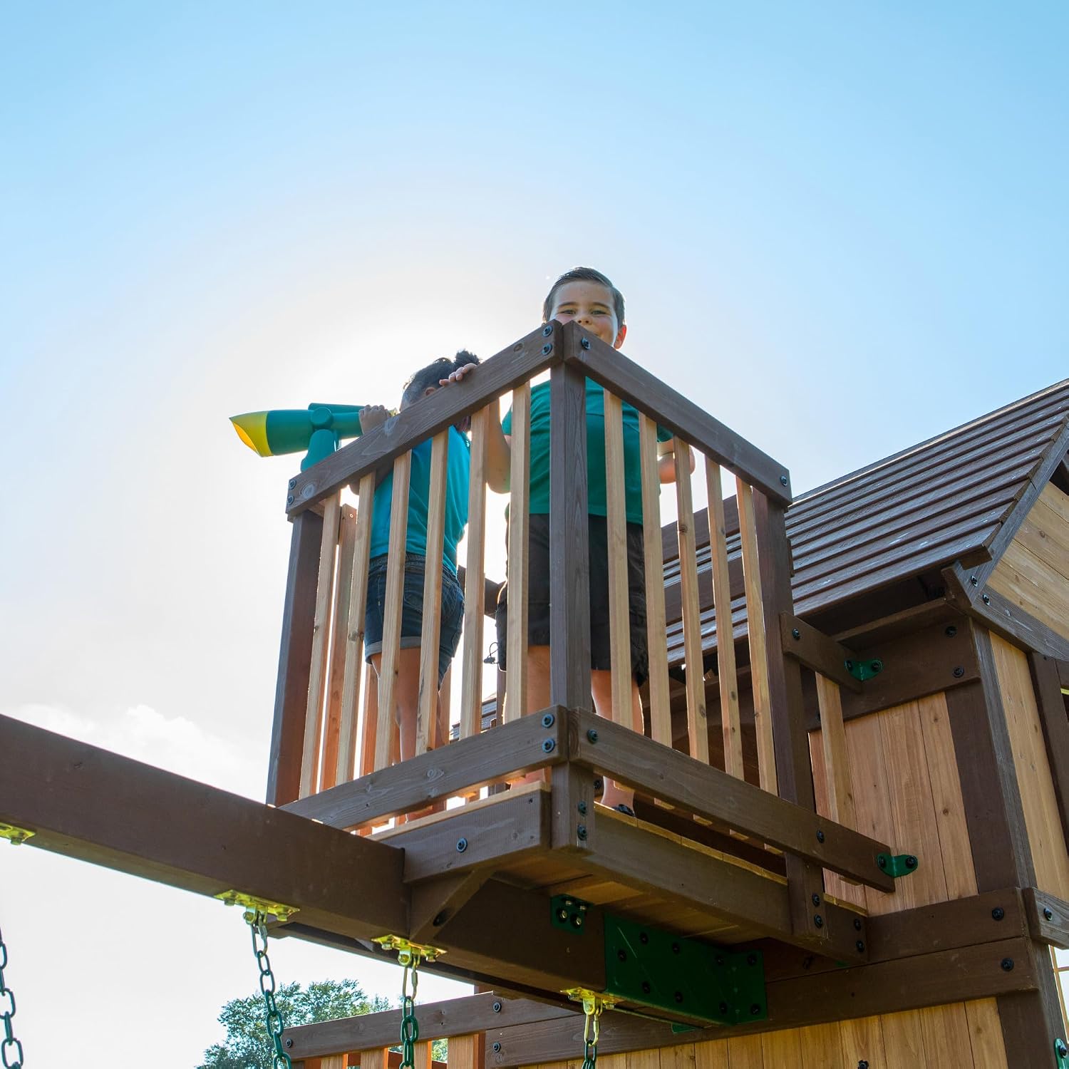 Backyard Discovery Skyfort All Cedar Swing Set, Elevated Covered Wood Roof Clubhouse with Bay Windows, 2 Belt Swings, Web Swing, 10ft Wave Slide