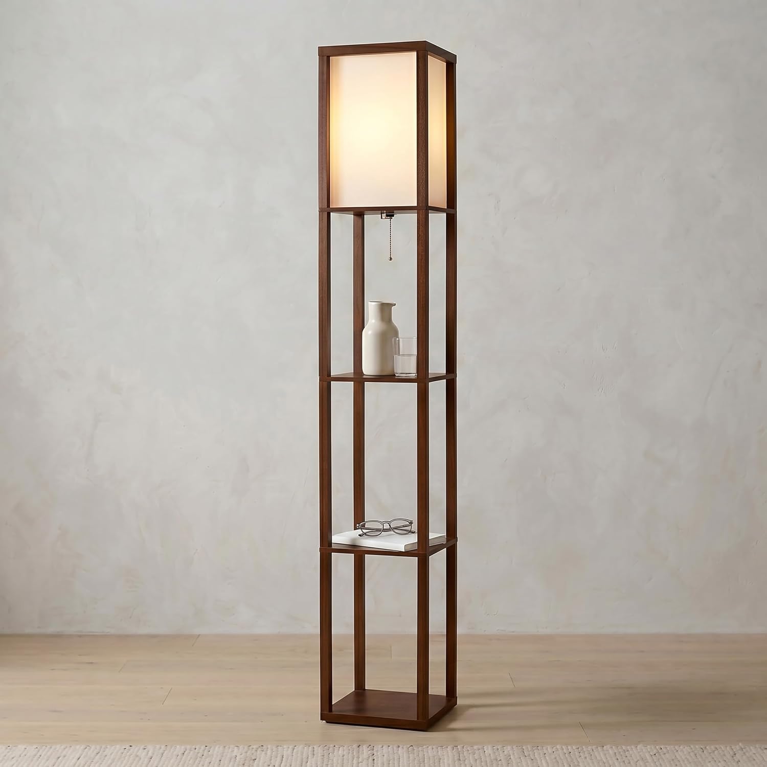 Brightech Maxwell - Modern Shelf Floor Lamp with Lamp Shade & Warm White LED Bulb, Corner Display Floor Lamp with Shelves for Living Room, Bedroom, Nightstand Office, Home Decor Storage - Natural Wood