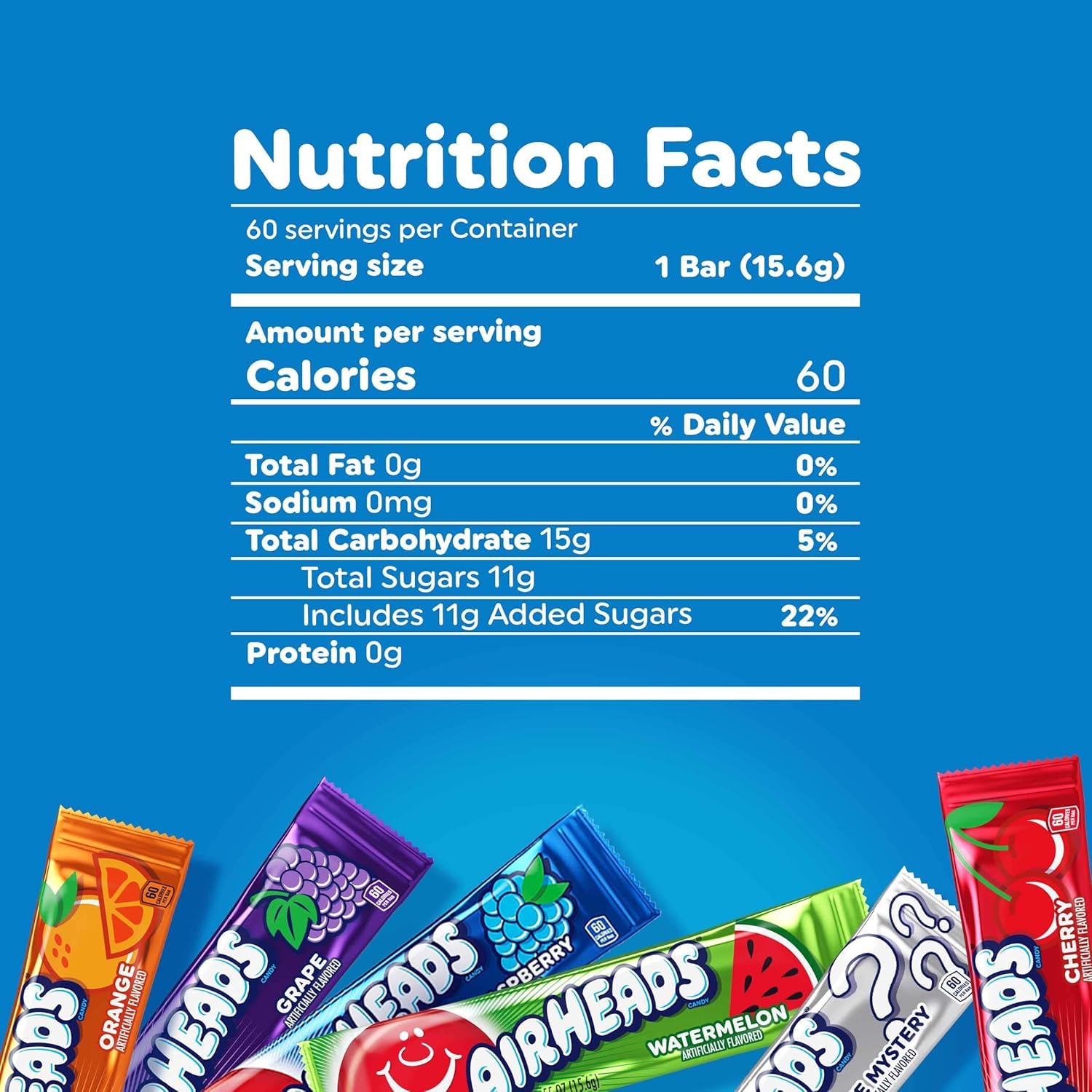 Airheads Full-Size Candy Bars, Assorted Taffy Variety Pack, 60 Count Box | Individually Wrapped Bulk Candy, Six Assorted Fruit Flavors, Artificially Flavored
