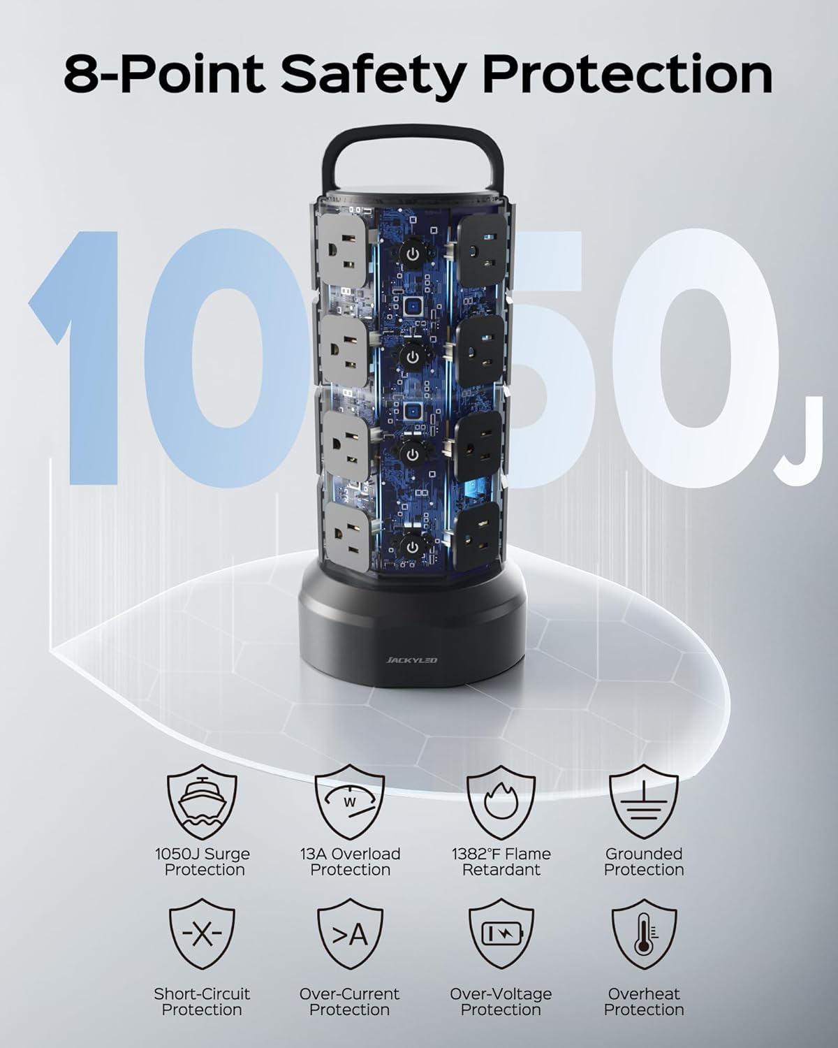 JACKYLED Power Strip Tower Surge Protector, 12 AC 6 USB (2 USB C), 1050J