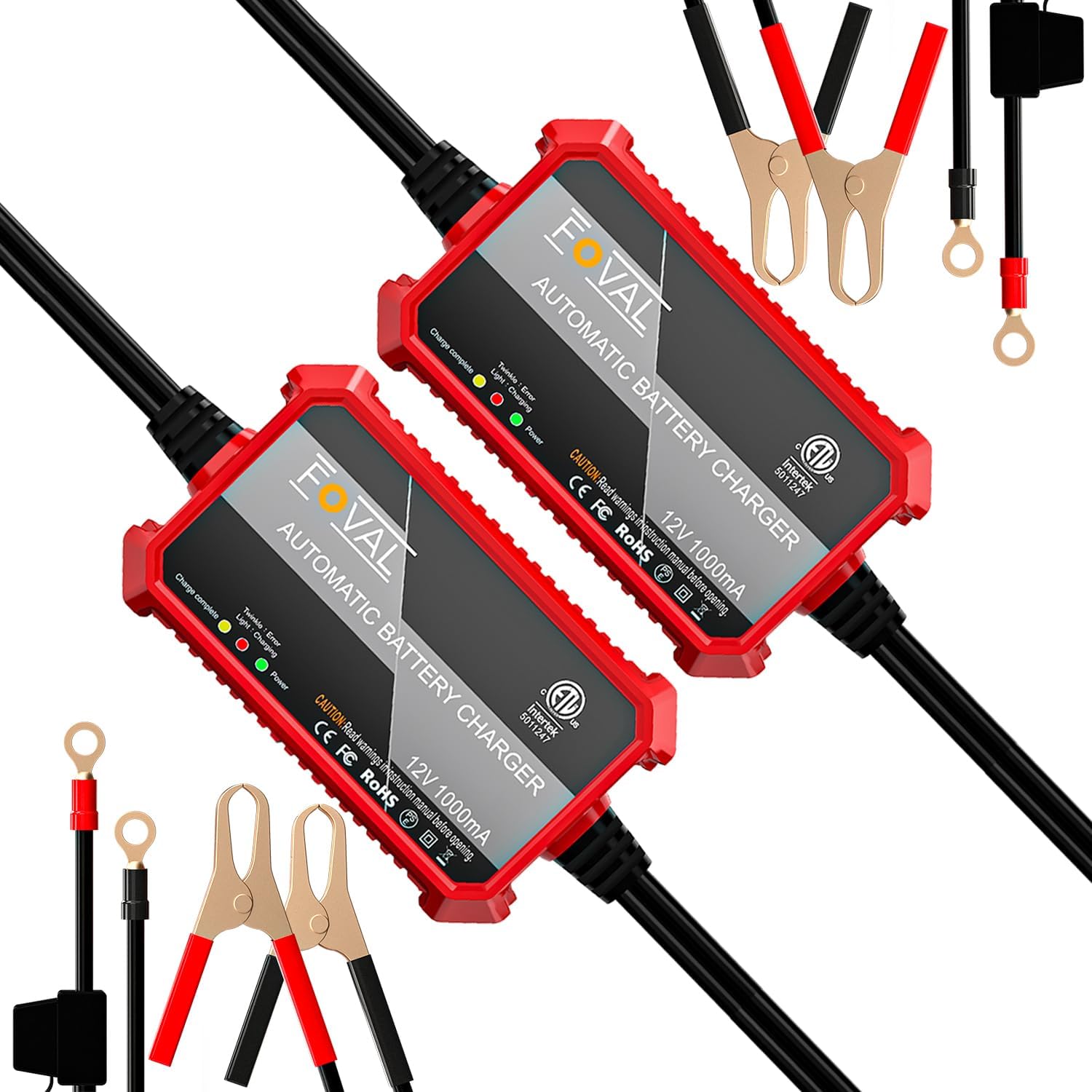 [2-Pack] FOVAL Fully Automatic Trickle Charger, 1000mA 12V Smart car Battery Charger, Battery Maintainer
