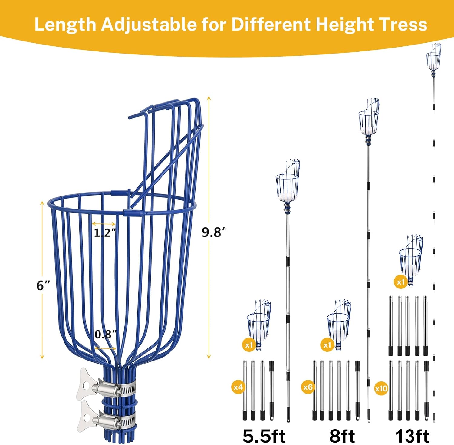 Oak Leaf Fruit Picker Pole with Basket, 13 FT Length Adjustable