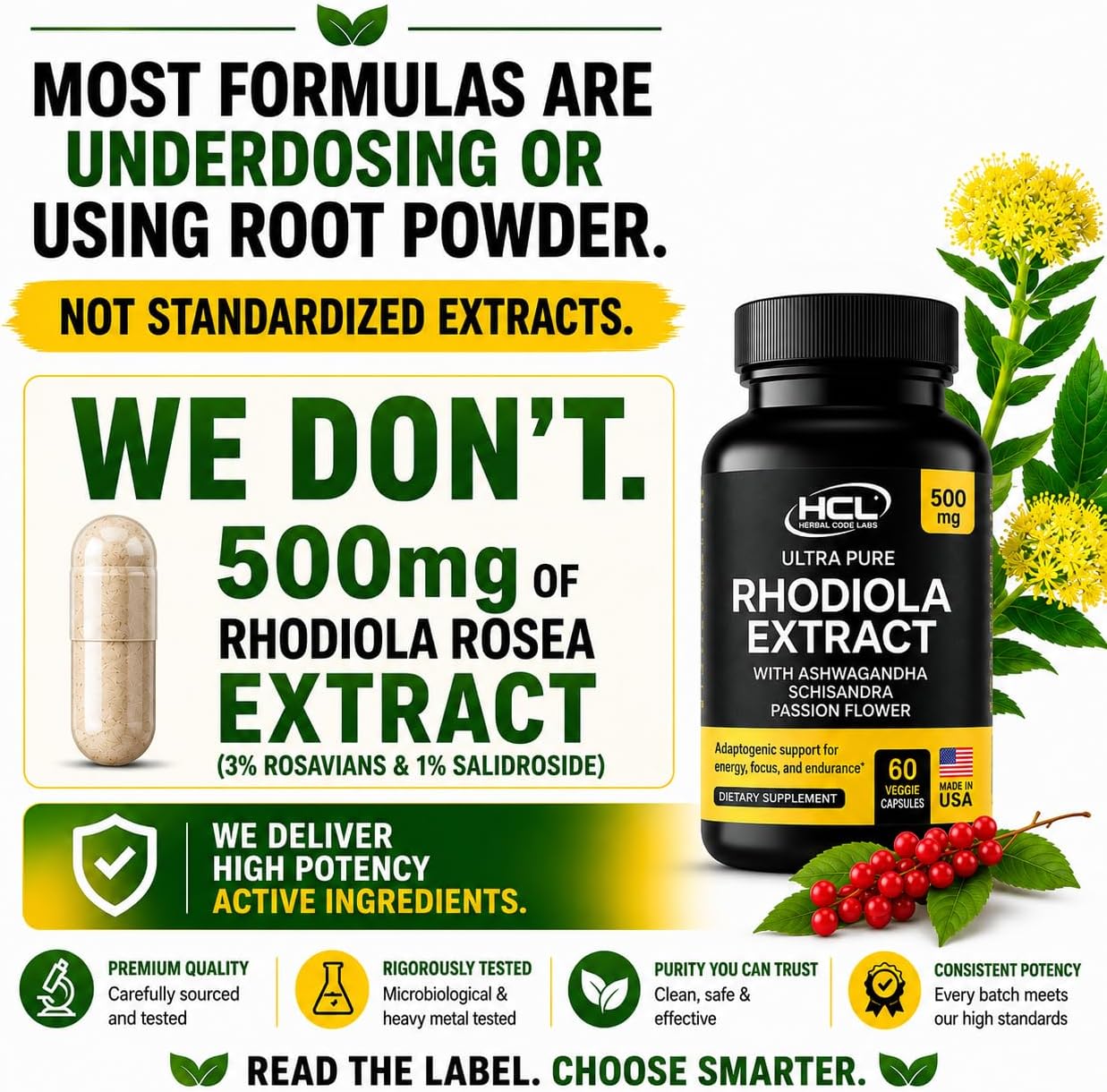 Rhodiola Rosea Supplement High Potency Extract 500mg - 3% Rosavins 1% Salidrosides with Ashwagandha Shisandra Passion Flower Herb Powder Capsules