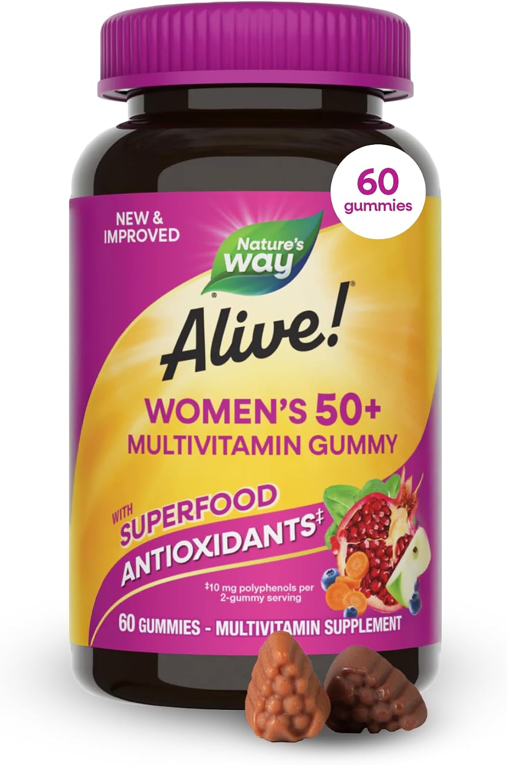 Nature's Way Alive! Women's 50+ Multivitamin Gummies, Mixed Berry, 60 ct | Daily Gummy Multi with B-Vitamins, Vitamin D3 & Calcium to Support Heart, Brain, & Bone Health for Women 50 and Older*