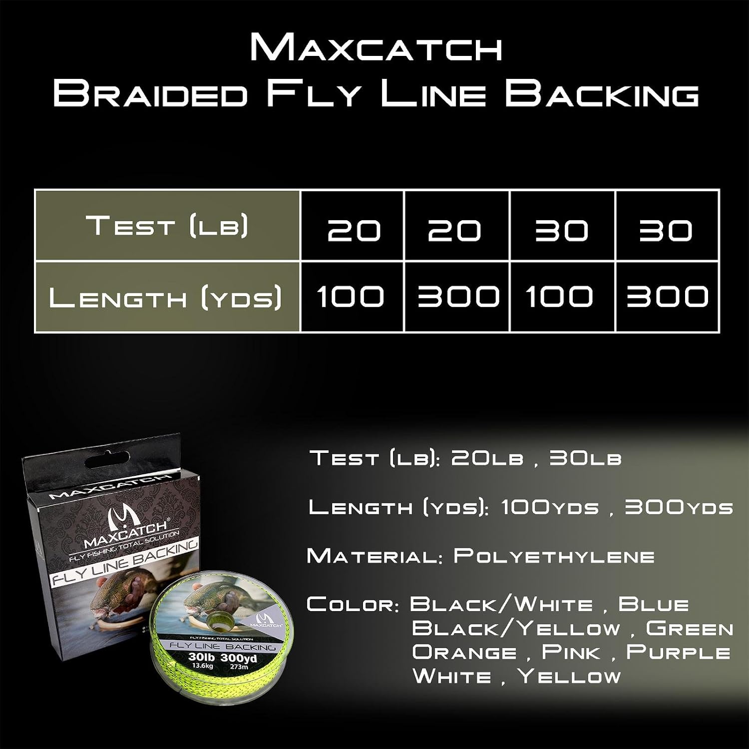 M MAXIMUMCATCH Maxcatch Braided Fly Line Backing for Fly Fishing 20/30lb(White, Yellow, Orange, Black&White, Black&Yellow, Blue, Pink, Green, Purple)