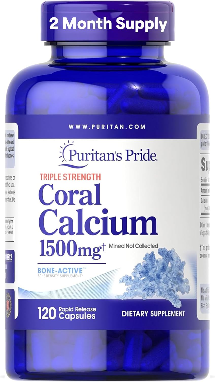 Puritan's Pride Triple Strength Coral Calcium 1500mg with Bone-Active™ | Dietary Supplement For Heart, Nerve, And Muscle Support, 2 Month Supply, 120 Rapid Release Capsules