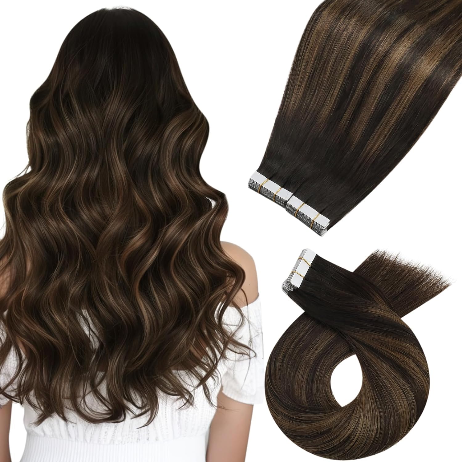 Moresoo Black Tape in Hair Extensions Human Hair, 18 Inch, 20Pcs, 50g