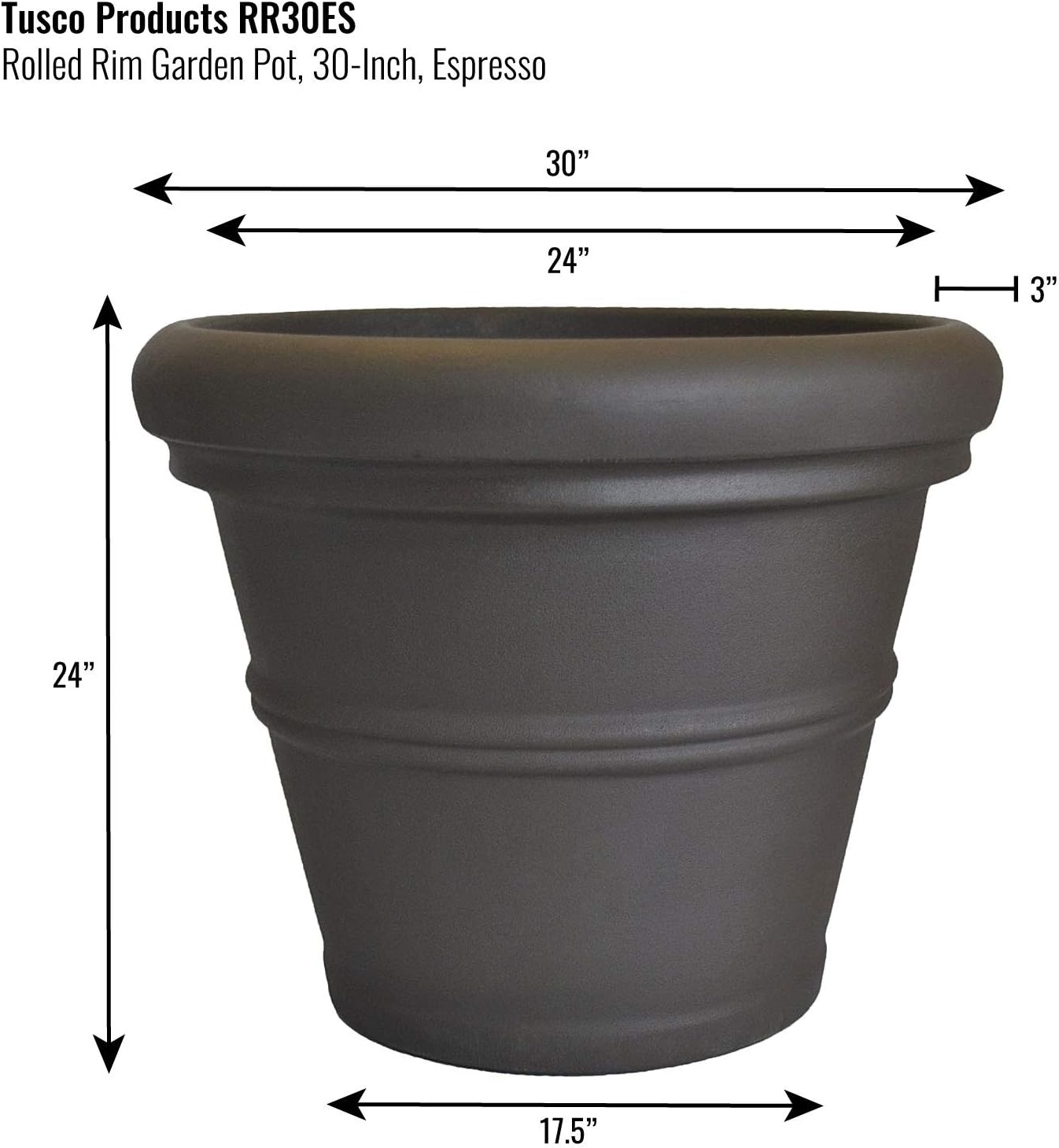 Tusco Products T30 Rolled Rim Pot, Round, Terra Cotta, 30-Inch