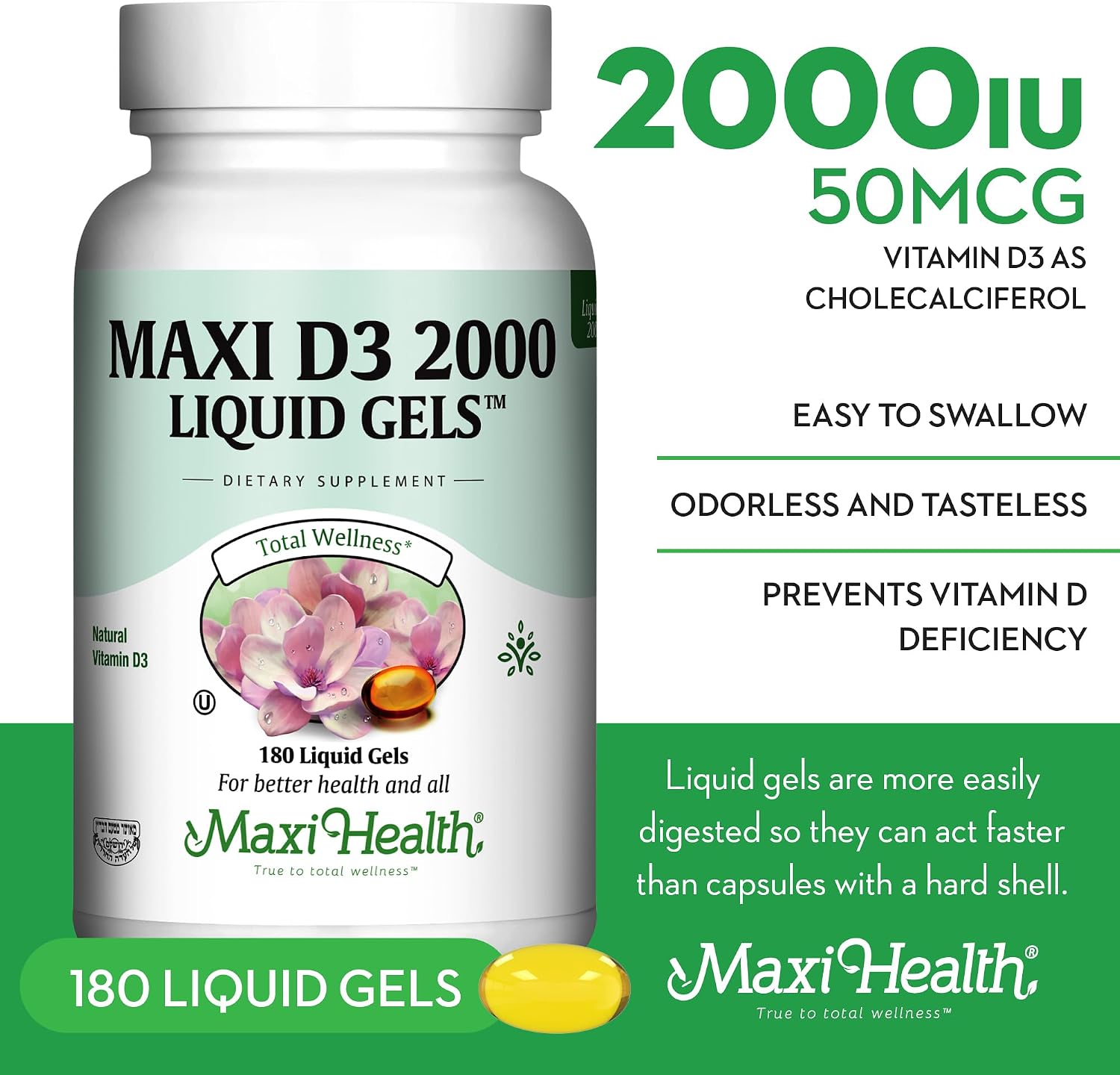 Maxi Health Kosher Vitamin D3 2000IU - Highly Absorbable Vitamin D Supplements for Healthy Immune Response, Calcium Absorption, Teeth & Bone Health - D3 Vitamin 2000 IU -180 Tablets